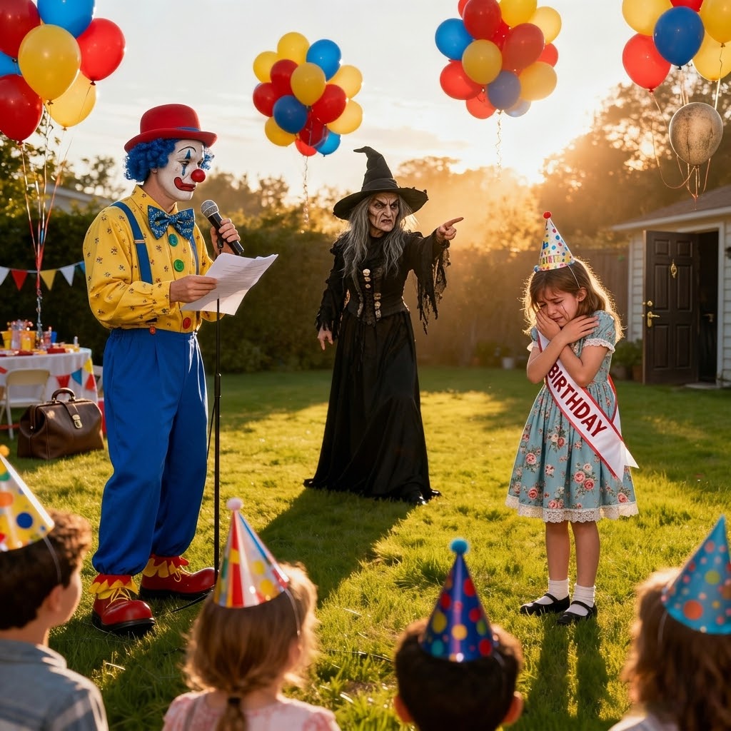 At my daughter’s 8th birthday party, the clown my sister hired made an announcement that left forty kids staring at her in stunned silence. Emma burst into tears and ran off before I could even react. I searched the entire house and finally found her hours later, curled up and shaking inside a dark hallway closet. I didn’t yell at my sister, and I didn’t bother arguing. Instead, I took legal action. And what the judge ultimately decided shocked every single person in that courtroom…