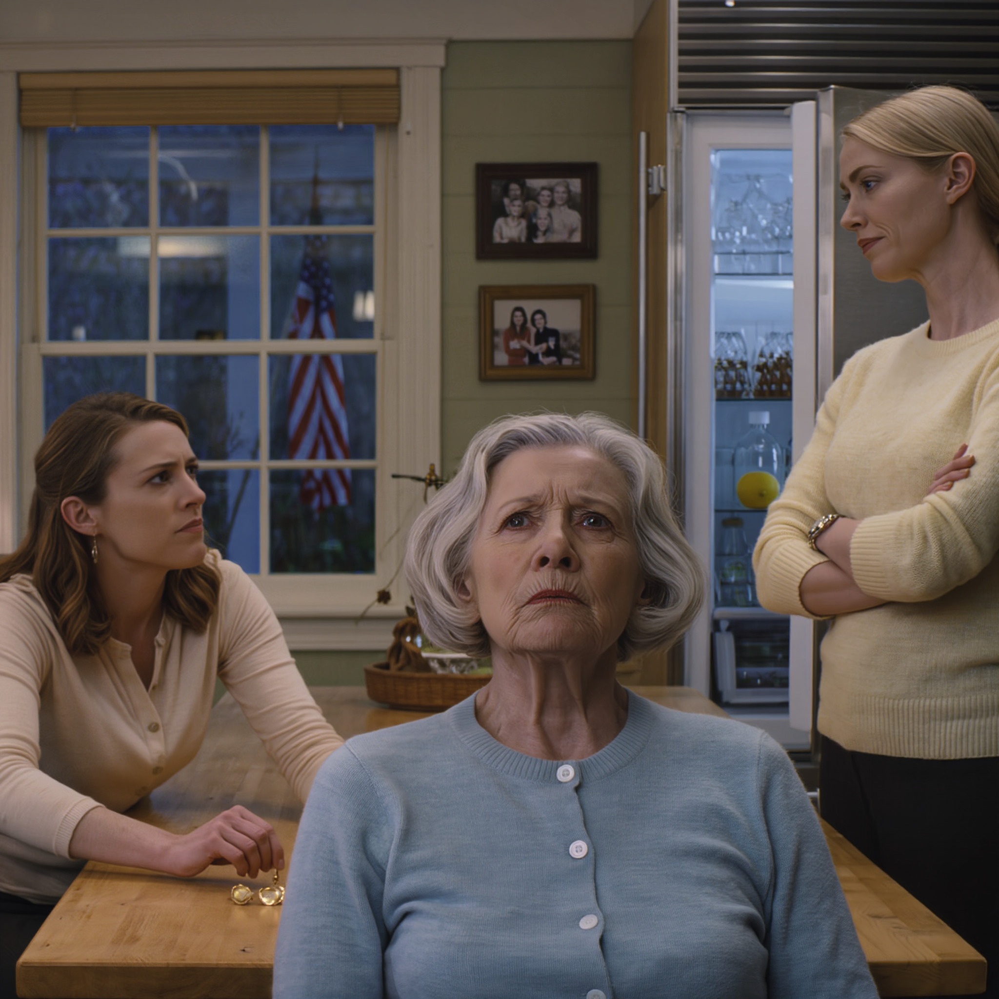 Ma fille m’a trouvée assise dans le noir et m’a chuchoté : « Maman, pourquoi il n’y a rien à manger à la maison ? Tu ne reçois pas 10 000 dollars par mois ? » Ma belle-fille a esquissé un sourire froid et discret et a répondu calmement : « C’est moi qui gère tout l’argent ici. » Ma fille a lentement retiré ses boucles d’oreilles… et à cet instant précis, l’atmosphère de la pièce a basculé.