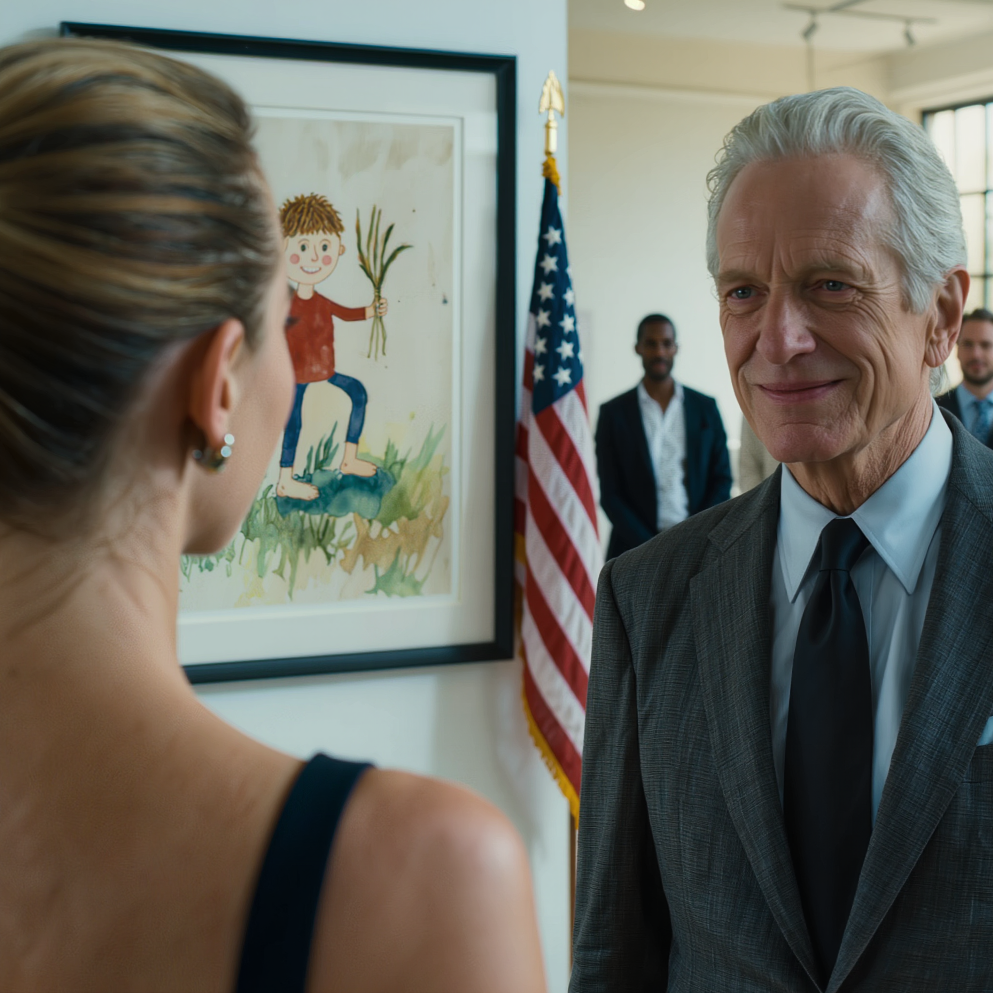 Trois ans de service traiteur m’avaient appris à me faire oublier parmi les riches, mais lors d’un vernissage dans une galerie huppée, j’ai eu un choc en voyant une toile que j’avais peinte à six ans, affichée à 150 000 dollars. Dès que j’ai dit : « Monsieur, cette œuvre est de moi », le propriétaire a ri et a appelé la sécurité, sans se douter que le secret de cette toile était justement ce qui allait attirer tous les regards.