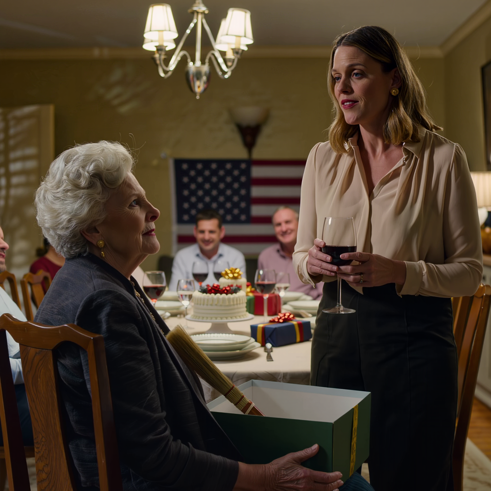 Ma belle-fille m’a fourré une boîte dans les mains avec un sourire narquois : « Encore un petit effort et maman pourra s’envoler ! » Toute la table, dans cette maison de banlieue, a éclaté de rire. Mon fils a baissé la tête comme s’il n’avait rien entendu, et je me suis contentée de serrer le cadeau contre moi et de dire merci – jusqu’au lendemain matin, où quelque chose à la porte d’entrée a figé toute la famille.