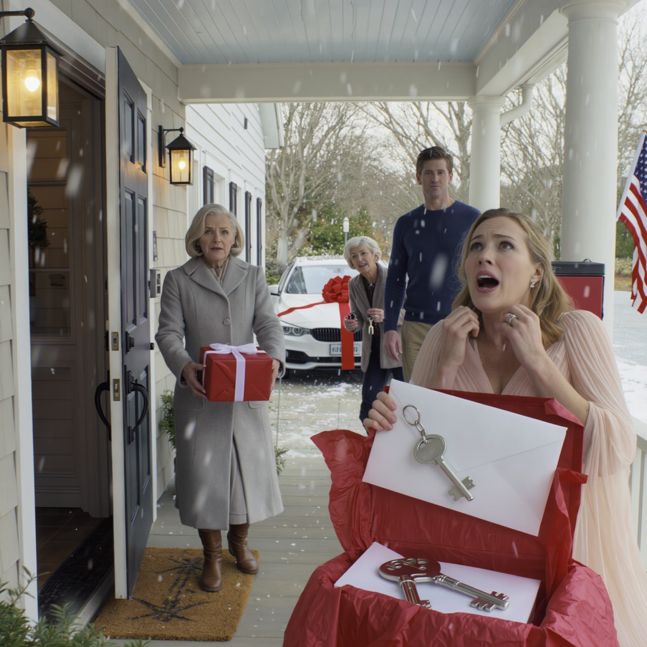 Mon fils a offert une BMW à 60 000 $ à sa belle-mère pour Noël. Mon cadeau ? Une tirelire avec seulement 3 $ dedans. J’ai souri, je suis rentrée chez moi et je suis allée me coucher. Au lever du soleil, j’ai discrètement déposé un « cadeau » devant leur porte… et dès que sa femme l’a ouvert, son sourire s’est effacé si vite qu’il paraissait forcé. – Actualités