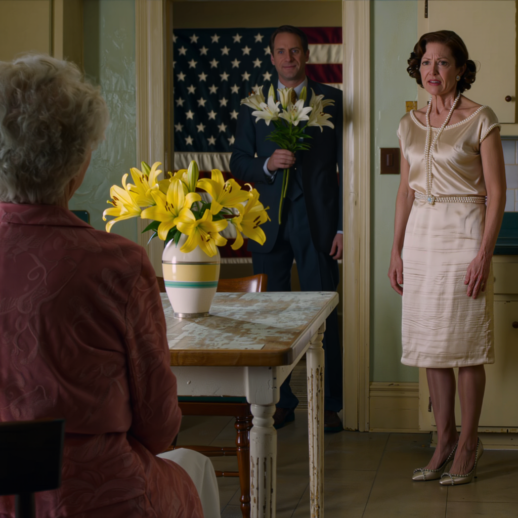 På mors dag stod min miljonärsson vid min dörr med gula blommor, tittade på mig och frågade rakt ut: ”Mamma, är du okej med de 5 000 dollar som Clara skickar varje månad?” Jag satte en sträng röst i halsen: ”Son, jag lever på kyrkans hjälp.” Just då dök min svärdotter upp med ett kallt leende, hennes parfym strömmade in, hon rörde vid hans ärm och sa en mening som fick mitt leende att stelna till is.