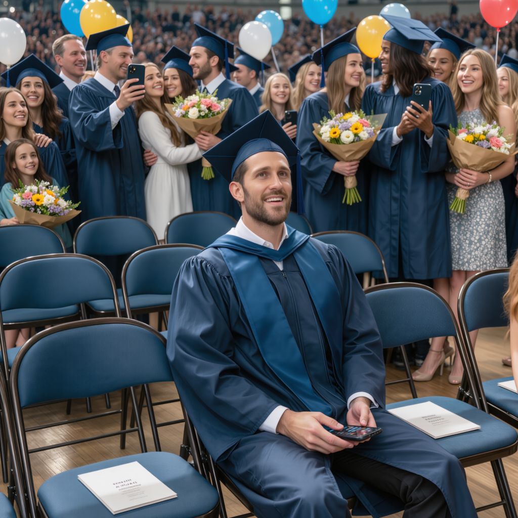 Vid min examen var varje plats på min rad tom medan min familj skrattade runt en grillplats två timmar bort – och sedan lyste min telefon upp med 45 missade samtal från min fru.