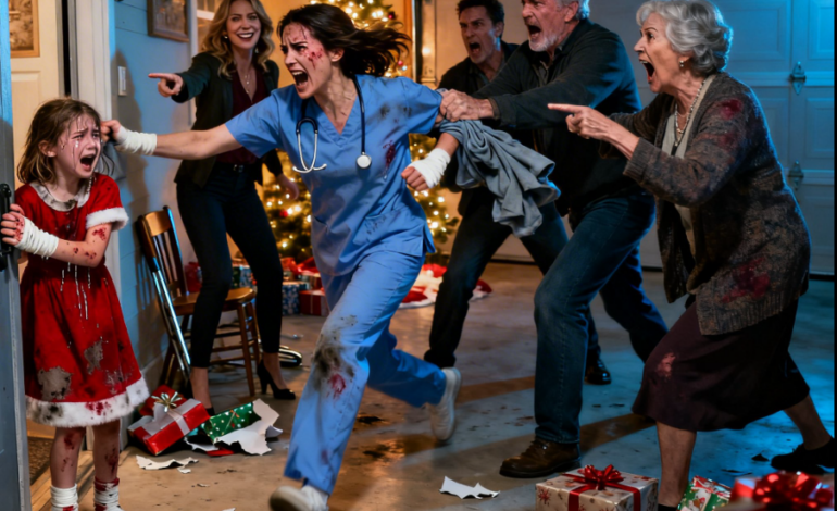 På julen jobbade jag ett dubbelt pass på akuten. Mina föräldrar och min syster sa till min sexåriga dotter, “Inga presenter och ingen plats för henne vid bordet.” Min mamma gav henne en borste, kastade in henne i garaget och sa, “Om du vill äta, vill jag att detta är skinande rent.” Hon kunde höra barnen skratta medan hon grät tungt och skurade. Sedan, efter fem timmar, låste hon upp dörren, kastade kexsmulor och ropade, “Ät det innan jag ger det till hundarna.”