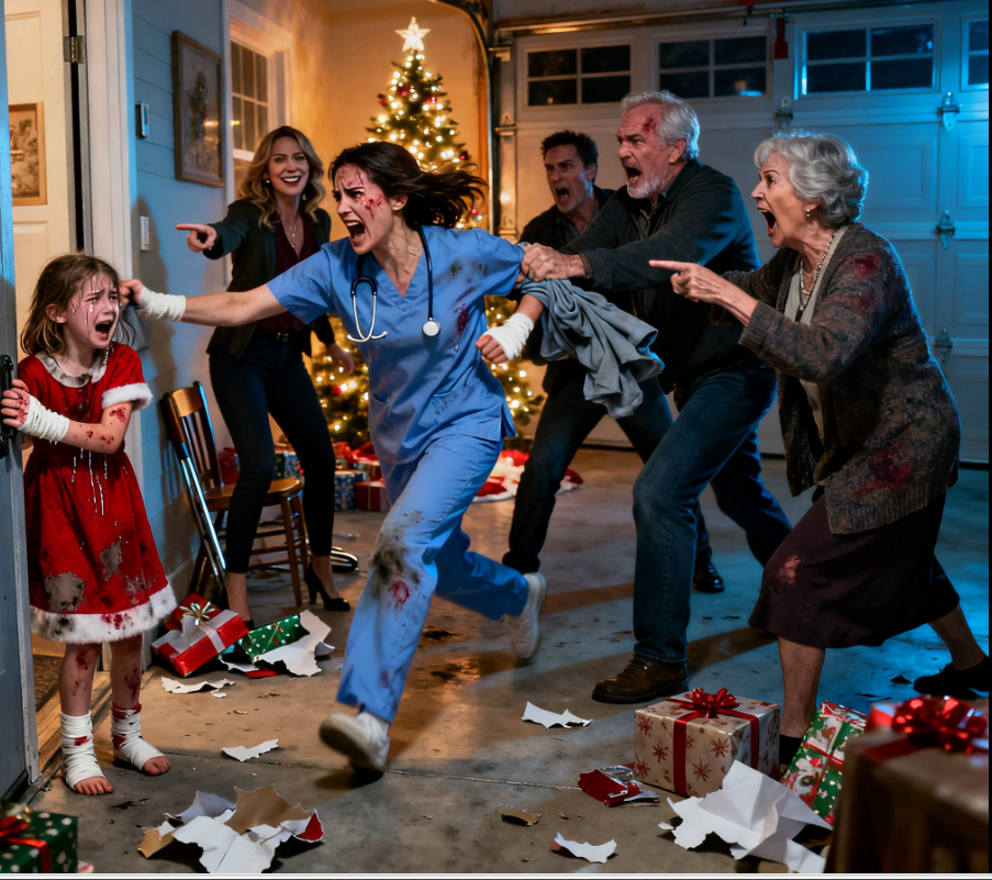 På julen jobbade jag ett dubbelt pass på akuten. Mina föräldrar och min syster sa till min sexåriga dotter, “Inga presenter och ingen plats för henne vid bordet.” Min mamma gav henne en borste, kastade in henne i garaget och sa, “Om du vill äta, vill jag att detta är skinande rent.” Hon kunde höra barnen skratta medan hon grät tungt och skurade. Sedan, efter fem timmar, låste hon upp dörren, kastade kexsmulor och ropade, “Ät det innan jag ger det till hundarna.”