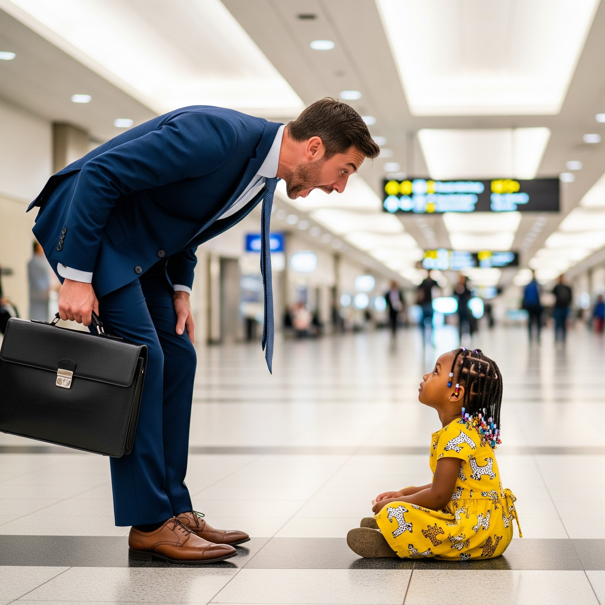 The terminal buzzed with hurried footsteps and echoing announcements. As Alex hurried toward his gate, his mind racing with thoughts of missing his flight, his foot caught on something. He stumbled forward, nearly falling, before realizing he’d tripped over a little girl sitting quietly by the wall.