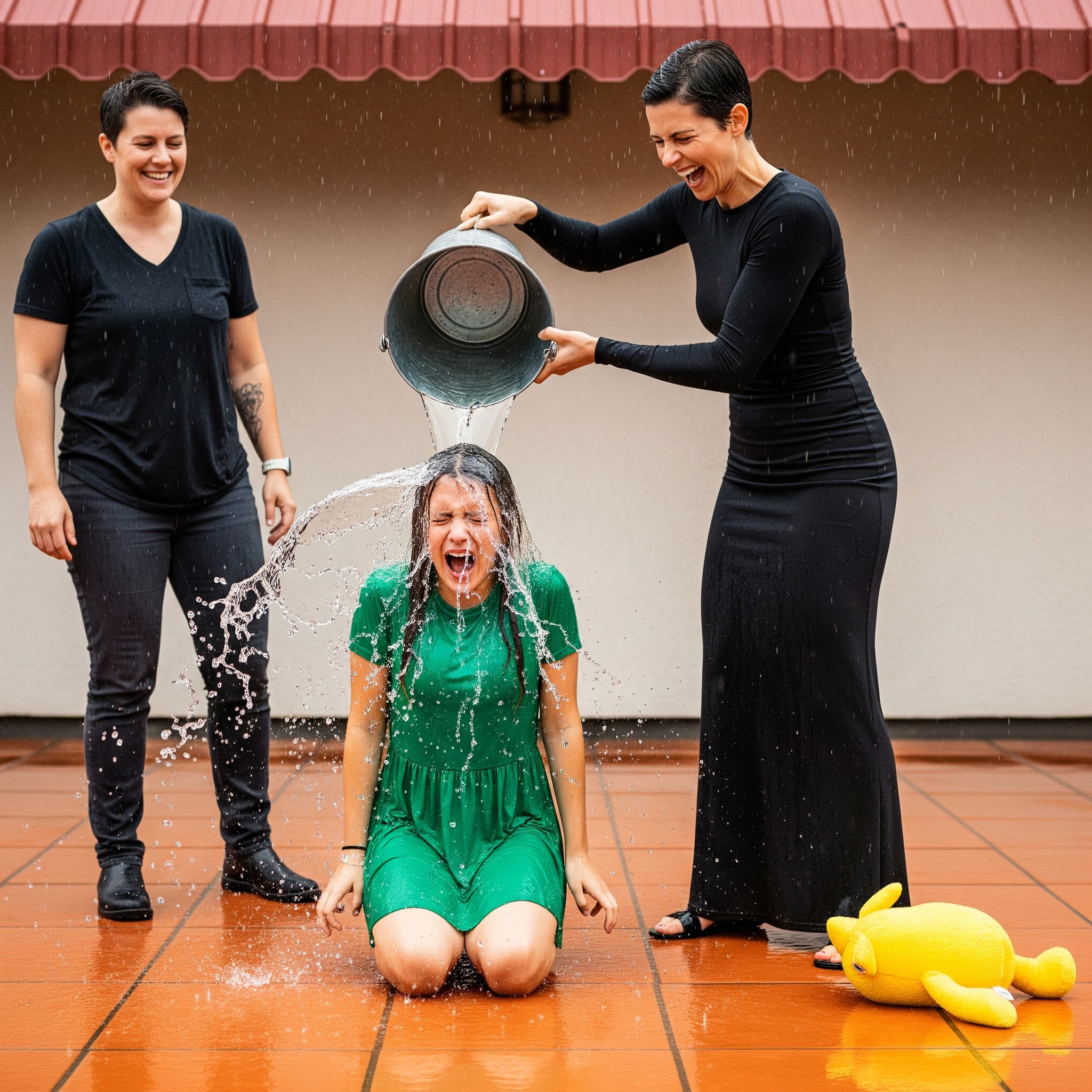 A six-year-old girl had barely returned from her billionaire father’s funeral when her stepmother yanked her into the courtyard. A bucket of icy water was dumped over her small frame as they sneered at her, calling her “filth” and laughing at how powerless she looked. Just then, a sleek Cadillac Escalade tore through the gate and came to a sharp stop. A man in a dark suit stepped out—and in that instant, everything changed….