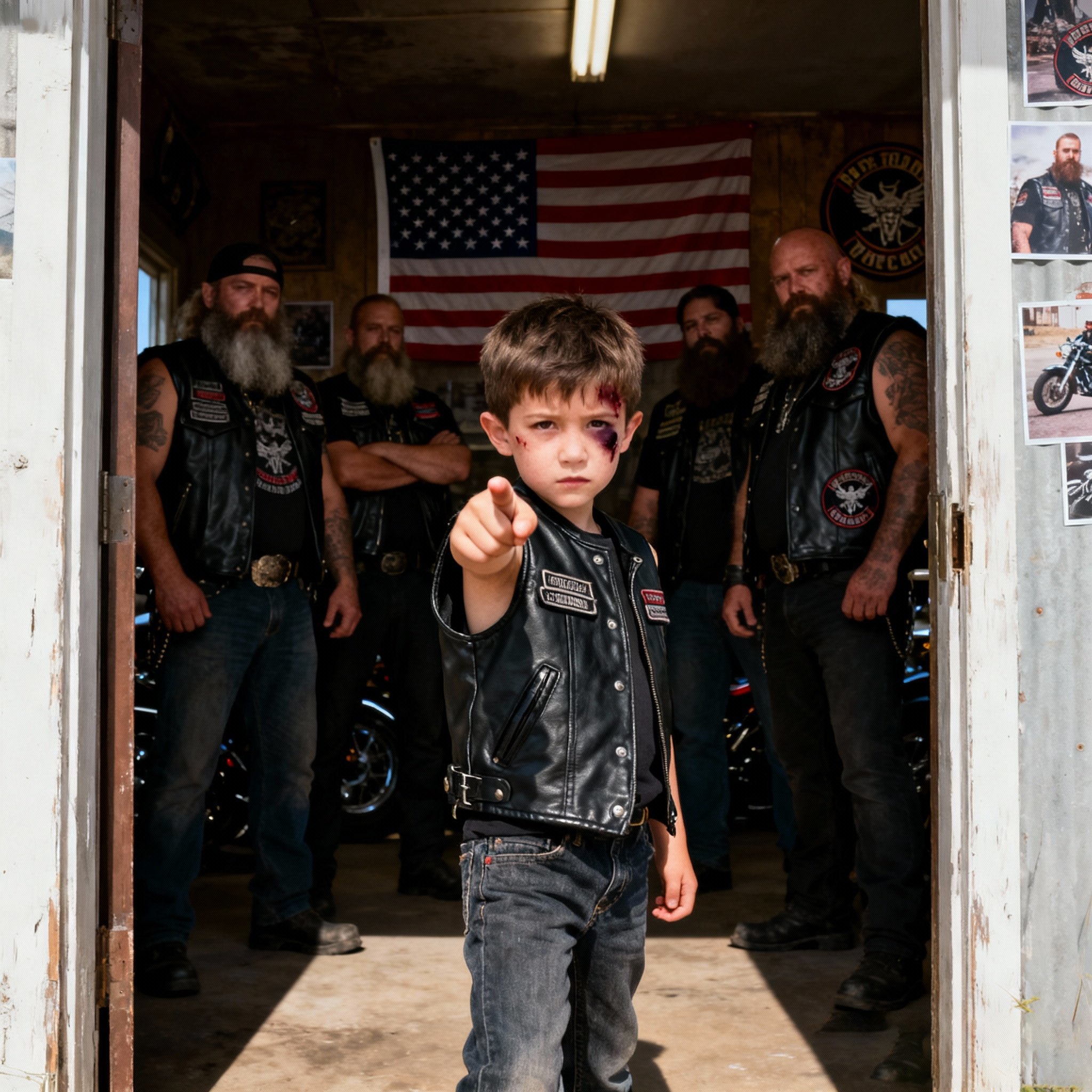 When an eleven-year-old boy stepped into a biker clubhouse, every conversation stopped at once. The black eye on his face spoke louder than anything, but what he said next shattered the room: “Can you be my dad for a day?” No one knew it yet, but what happened afterward would change more than just one life….