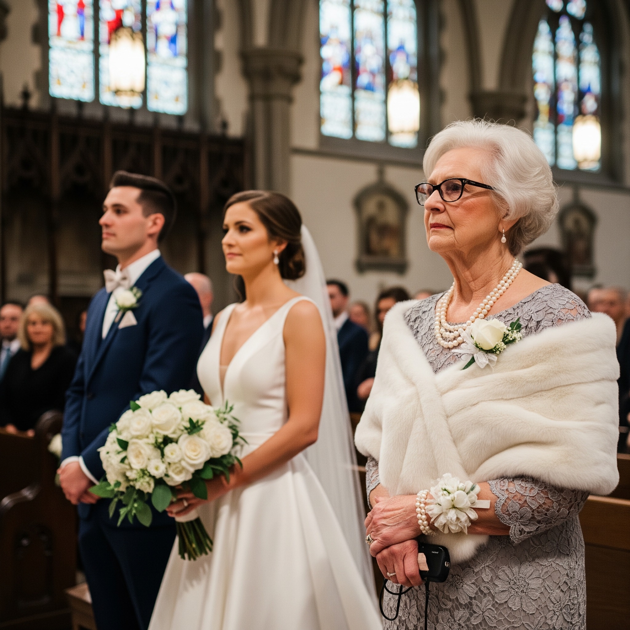 Everyone in my family dismissed me as a confused, aging woman when I tried to tell them my grandson’s fiancée was nothing but a fraud. They ignored every word. At the wedding, she leaned in during her hug and whispered, “This fortune belongs to me now, old woman.” She believed victory was hers. But right before the ring exchange, I stood up. “Hold on,” I announced to the quiet cathedral. “I’ve prepared a special wedding present for the bride.”….