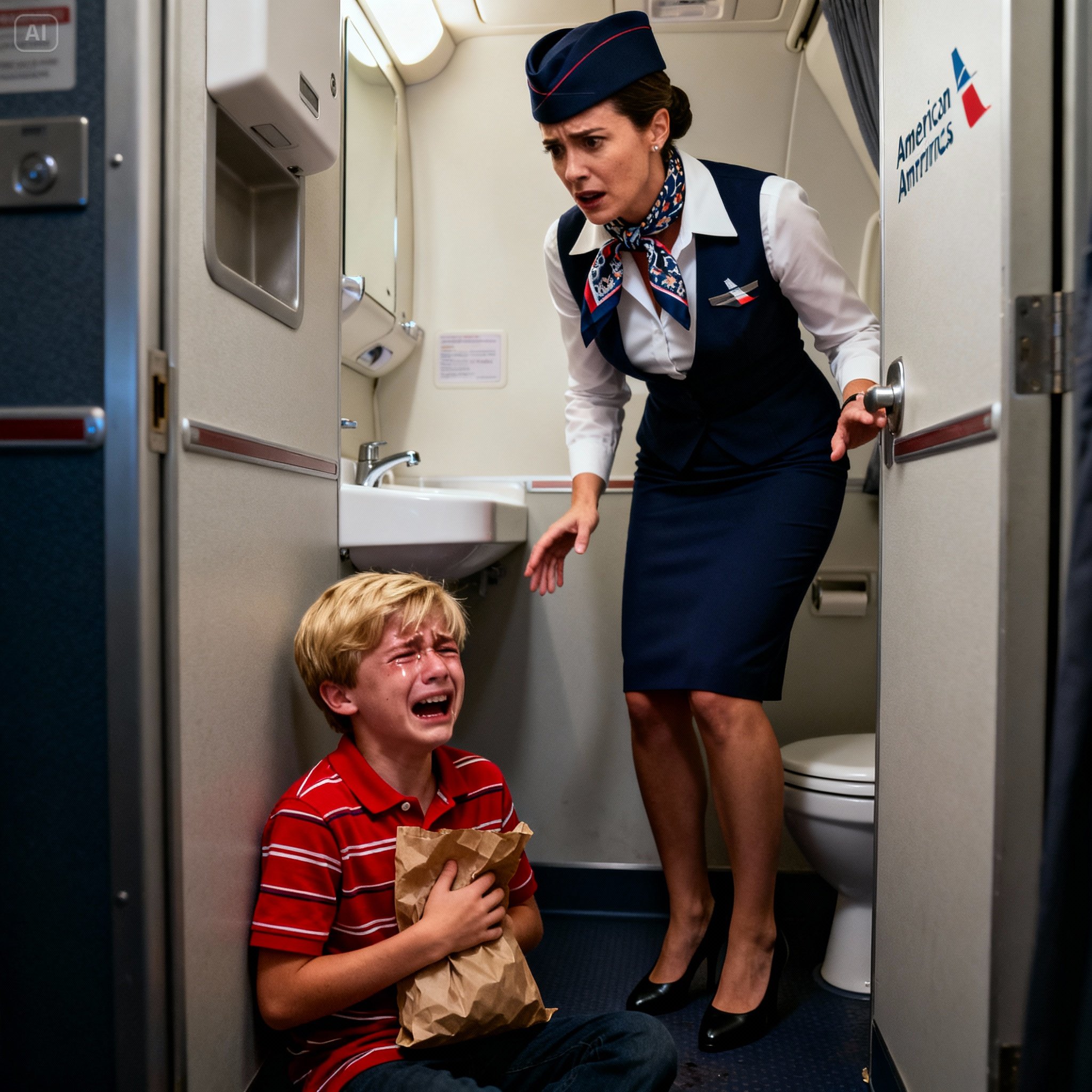 I discovered a young boy crying in the airplane bathroom, holding a paper bag — but his name wasn’t on the passenger list…