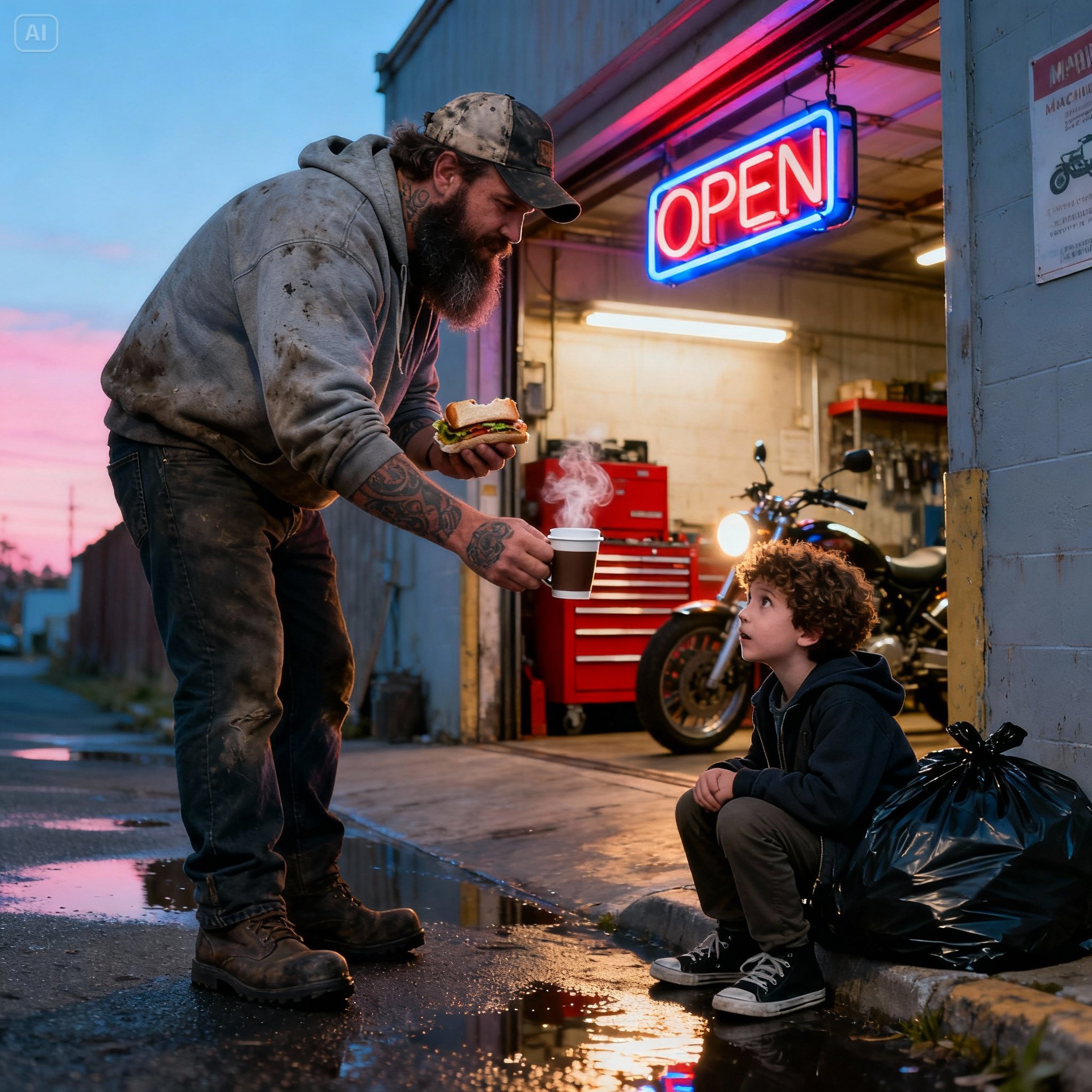 The man who raised me wasn’t my biological father. he was a grease-covered mechanic who found me sleeping in the dumpster behind his workshop when i was fourteen years old…