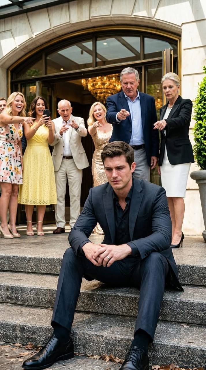 Mina föräldrar fick mig att sitta vid hotellentrén på min styvsysters förlovningsfest, hånade mig medan gästerna flinade och viskade. Jag sa ingenting och lät dem njuta av det—för i samma ögonblick som hotellchefen kände igen mig, stannade musiken och hela rummet blev dödstyst…