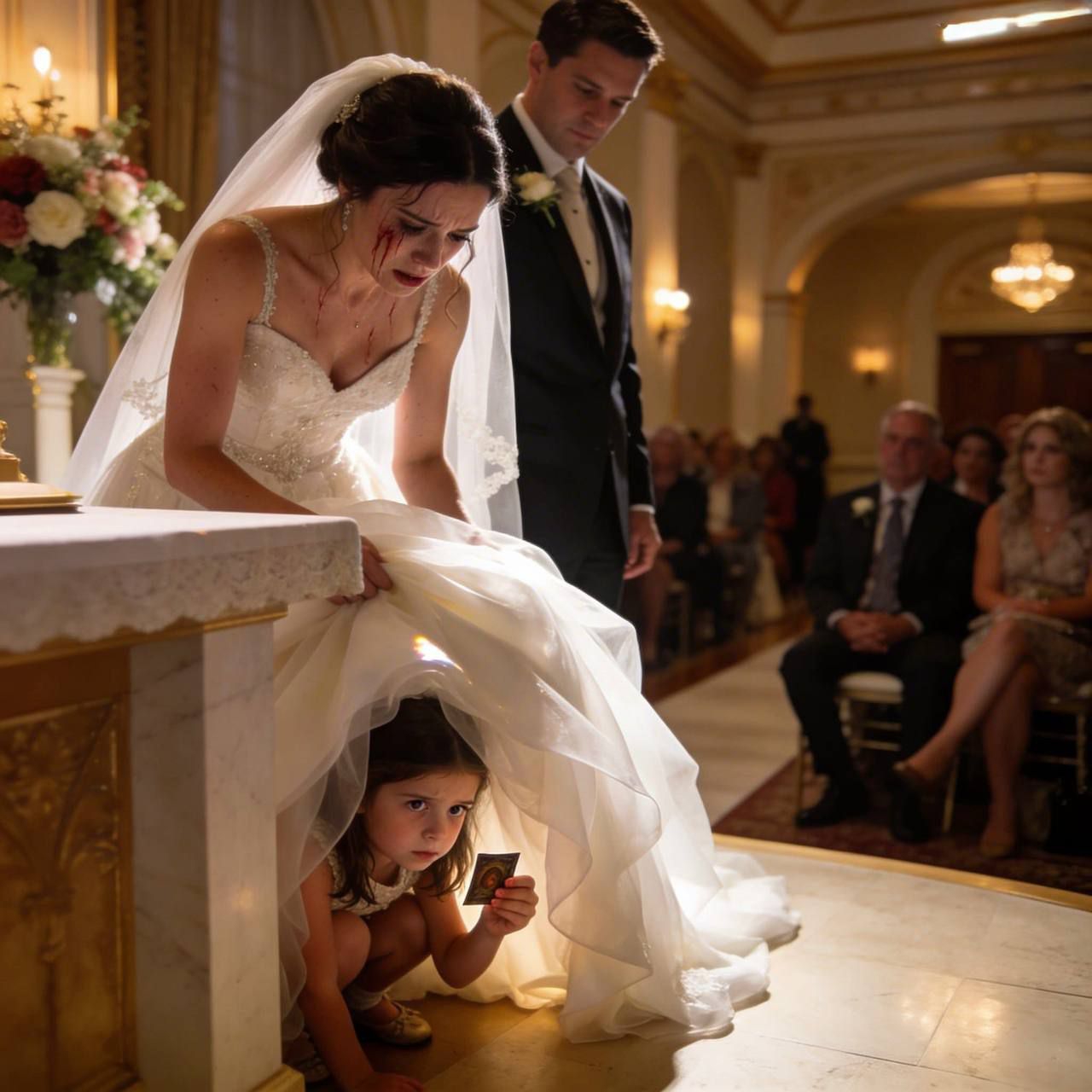 Vid mitt bröllop med min nye man kröp min femåriga dotter in under min klänning. Hennes lilla ansikte kikade fram under kjolen, och hon viskade: ”Mamma, titta…” I hennes hand fanns något som fick mig att stelna. Jag kunde inte prata. Hela min kropp började darra. Och sedan ringde jag polisen…