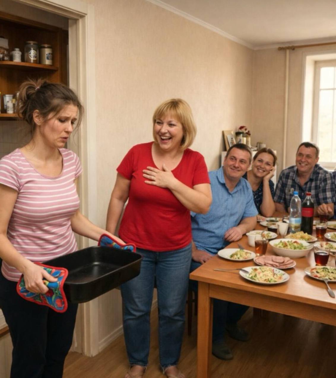 「快點，你這個懶惰的廢物，手都白了！」婆婆在客人面前笑著說。