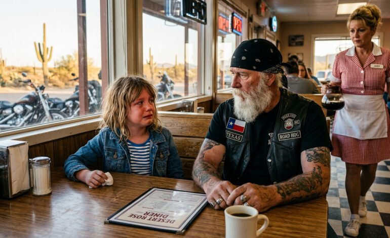 Miközben egy kimerült anya egy nevadai útszéli büfében bujkált a rájuk vadászó férfi elől, megpróbálta csendben tartani lányát – míg a kislány csendben oda nem lépett egy motoroshoz, és odaadta neki az utolsó öt dollárját segítségért… A Juniper Jack’s Diner ebédközönsége soha nem volt hangos a nyár közepén. A kinti sivatagi hőség beszélt a legtöbbet. Nyomta az ablakokat, meghajlította a levegőt az autópálya felett, és minden elhaladó teherautót úgy tett, mintha vízben lebegne. Bent a régi légkondicionáló zörgött a mennyezetben, és fáradtan fújt ki hűvös levegőt, amely soha nem érte el egészen a szoba sarkait. Az egyik sarok Travis Maddoxé volt. Egyedül ült egy repedt műanyag bokszban a hátsó fal közelében, széles vállakkal, egyik tetovált karja egy bögre feketekávé mellett pihent. Kopott bőrmellényt viselt, hátul klubfolttal, nehéz csizmát, és olyan arcot, amely azt mondta az idegeneknek, hogy menjenek tovább. Negyvenhat évesen Travis olyan embernek tűnt, akit az emberek már azelőtt megítélnek, hogy kinyitotta volna a száját. Az idő nagy részében hagyta, hogy ezt tegyék.
