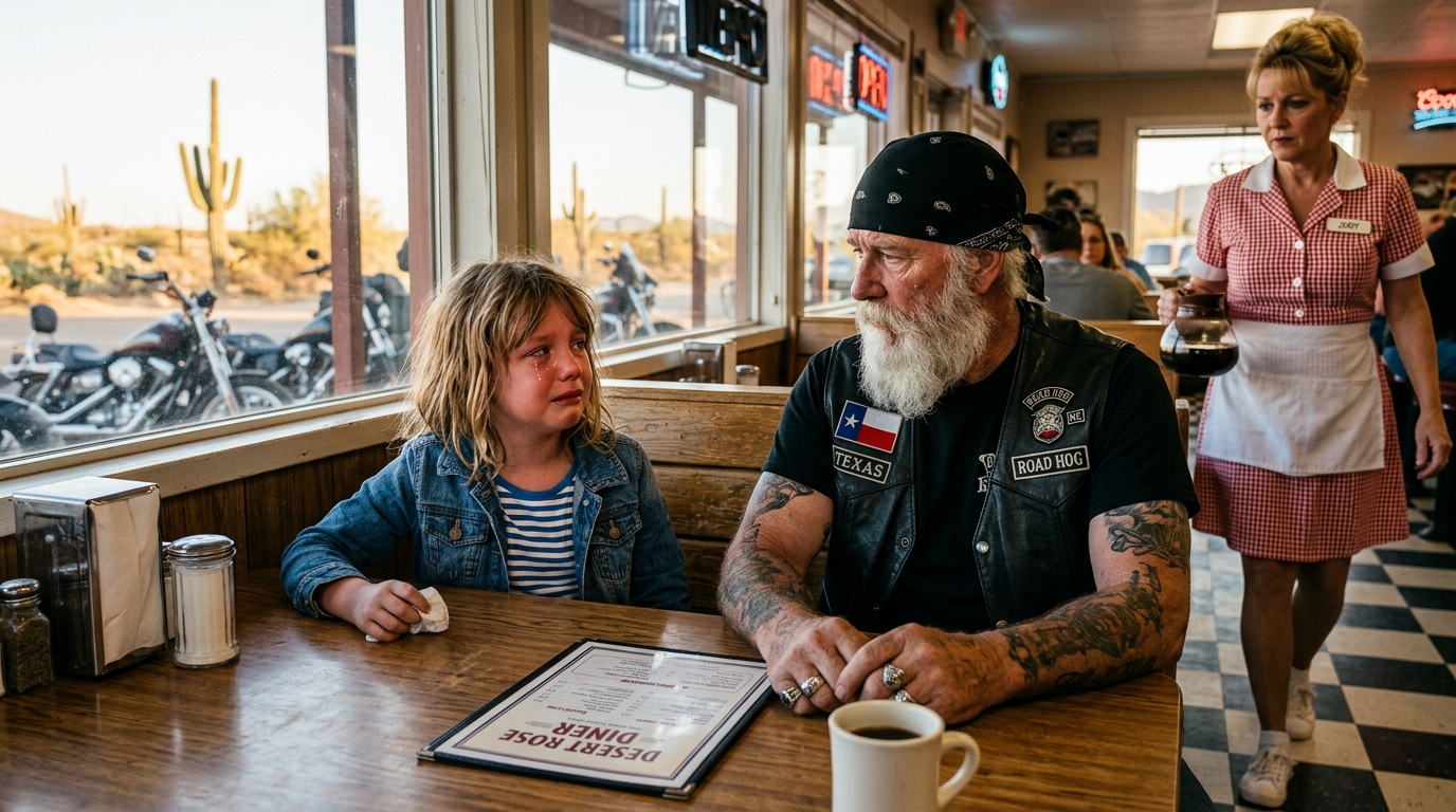 Miközben egy kimerült anya egy nevadai útszéli büfében bujkált a rájuk vadászó férfi elől, megpróbálta csendben tartani lányát – míg a kislány csendben oda nem lépett egy motoroshoz, és odaadta neki az utolsó öt dollárját segítségért… A Juniper Jack’s Diner ebédközönsége soha nem volt hangos a nyár közepén. A kinti sivatagi hőség beszélt a legtöbbet. Nyomta az ablakokat, meghajlította a levegőt az autópálya felett, és minden elhaladó teherautót úgy tett, mintha vízben lebegne. Bent a régi légkondicionáló zörgött a mennyezetben, és fáradtan fújt ki hűvös levegőt, amely soha nem érte el egészen a szoba sarkait. Az egyik sarok Travis Maddoxé volt. Egyedül ült egy repedt műanyag bokszban a hátsó fal közelében, széles vállakkal, egyik tetovált karja egy bögre feketekávé mellett pihent. Kopott bőrmellényt viselt, hátul klubfolttal, nehéz csizmát, és olyan arcot, amely azt mondta az idegeneknek, hogy menjenek tovább. Negyvenhat évesen Travis olyan embernek tűnt, akit az emberek már azelőtt megítélnek, hogy kinyitotta volna a száját. Az idő nagy részében hagyta, hogy ezt tegyék.