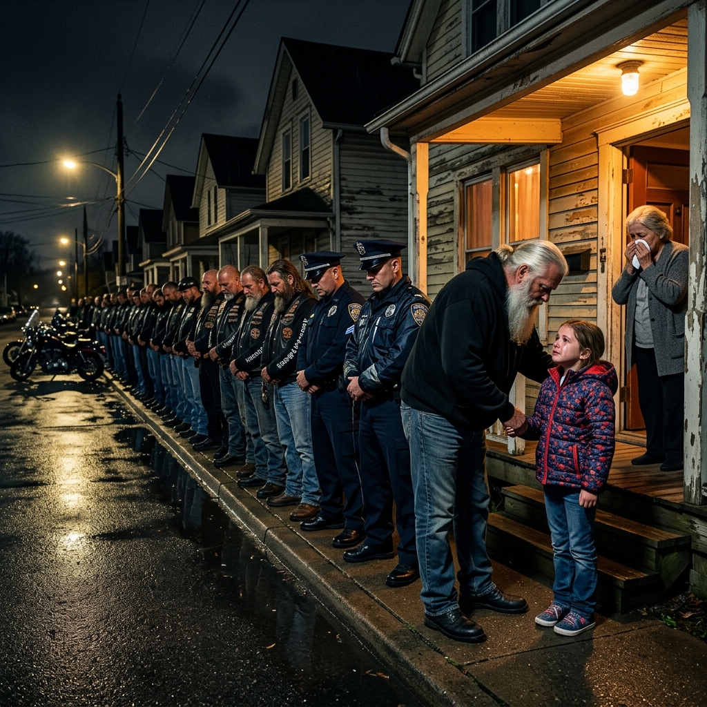 „Az ígéretért vagyunk itt”: Negyven motoros sorakozott fel egy kislány háza előtt, míg a rendőrség rá nem jött, miért.  Tisztán emlékszem az éjszakára, mert eleinte pontosan olyan volt, mint amilyen történetről az emberek a környékbeli Facebook-csoportokban figyelmeztetik egymást – furcsa járművek, ismeretlen arcok, motorok visszhangja egy csendes utcában sokáig sötétedés után.  Ha valaki elmondta volna nekem az igazságot arról, hogy mi történt valójában a daytoni Linden Streeten azon az éjszakán, valószínűleg nem hittem volna el.  Mégis mire az eső elállt, és az utolsó motorkerékpár-motor is lehűlt, az egész környék megértette, hogy valami ritka dolognak voltunk tanúi: nem bandagyűlésnek, nem megfélemlítésnek, hanem egy betartott ígéretnek. Azon az éjszakán, amikor Thayer Sterling meghalt, senki sem számított arra, hogy negyven bőrruhás motoros jelenik meg a lánya háza előtt. És amikor ez megtörtént, az egész háztömb felkészült az összecsapásra.  Hideg lepedőkben esett az eső a Linden Streetre, a járdát hosszú, fekete tükrökké változtatva, amelyek visszaverték a veranda fényeit és az időnként elhaladó autókat. A 412-es szám alatti kis kétszintes házban égett a tornáclámpa, de a többi ablak homályosan és csendesen maradt.  Három nappal korábban a ház tele volt emberekkel, akik rakott ételeket hoztak, és suttogva részvétnyilvánítottak Thayer Sterling hirtelen halála után.  Aznap estére a legtöbb látogató hazament, csak egy kis család csendes gyászát hagyva maguk után, akik próbálták megérteni az életet nélküle.  Bent volt a házban a lánya, a nyolcéves Aven Sterling, aki még nem tanulta meg, hogy a világ néha lassan, ahelyett, hogy egyszerre mutatná fel a veszteség teljes súlyát.  Az első motorkerékpár valamivel nyolc után érkezett meg.  A szomszédok vették észre először a fényszórókat – az egyik pár befordult az utcára, majd egy másik mögötte, és egy harmadik még mindig.  A motorok egyenletesen dübörögtek az esőben, ahogy a motorok egymás után a járdaszegélyhez húzódtak, olyan rendezett formációban sorakozva az út mindkét oldalán, hogy szándékosnak tűnt.  A motorosok csendben szálltak le a lóról.  Legtöbbjük idősebb férfi volt, olyan fajta, akinek széles válla és viharvert arca hosszú évek munkájára, fegyelemre és közös történelemre utalt. Bőrmellényeik sötétek voltak az esőtől, nehéz csizmáik szilárdan a járdán álltak, miközben laza vonalat alkottak a kis kék ház felé nézve.
