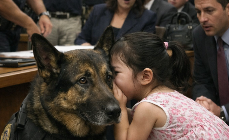 在擠滿了律師、警官和記者的氣氛緊張的法庭上，一個三歲的小女孩湊近一隻警犬，低聲說了些出人意料的話，整個庭審過程頓時陷入了震驚和停滯。