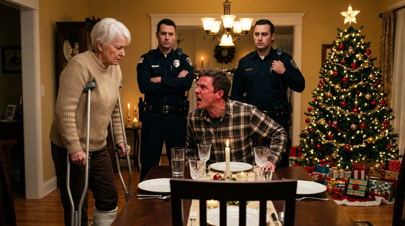 A fiam kigúnyolt a karácsonyi gipszem miatt – de amikor berontottak a zsaruk, vigyorgó arca színtiszta rémületté változott!  A karácsonyi vacsora gipszsérülése nem olyan volt, amilyennek elképzeltem az ünnepi időszakot.  Mégis ott voltam, mankókkal haladtam a hófödte ösvényen, a lábamat vaskos gipsz borította.  A hideg levegő csípte az arcomat, miközben a lábam alatt a hó ismerős ropogása visszhangzott az évek – pontosabban harminchárom év – súlyától ebben a házban, amely valaha menedéknek tűnt, de most csak fájdalmat és olyan emlékeket hozott, amelyeket bárcsak elfelejthetnék.