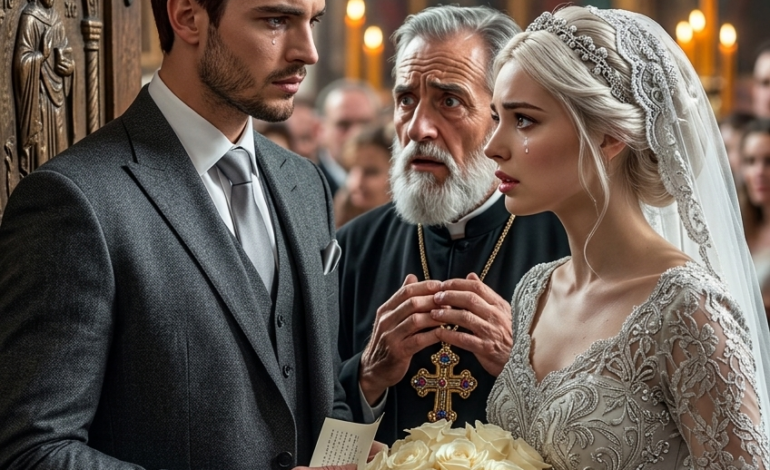 神父盯著我的新娘看，彷彿見到了鬼——突然間我害怕掀開她的面紗  。教堂看起來正如莉莉亞一直夢想的模樣。