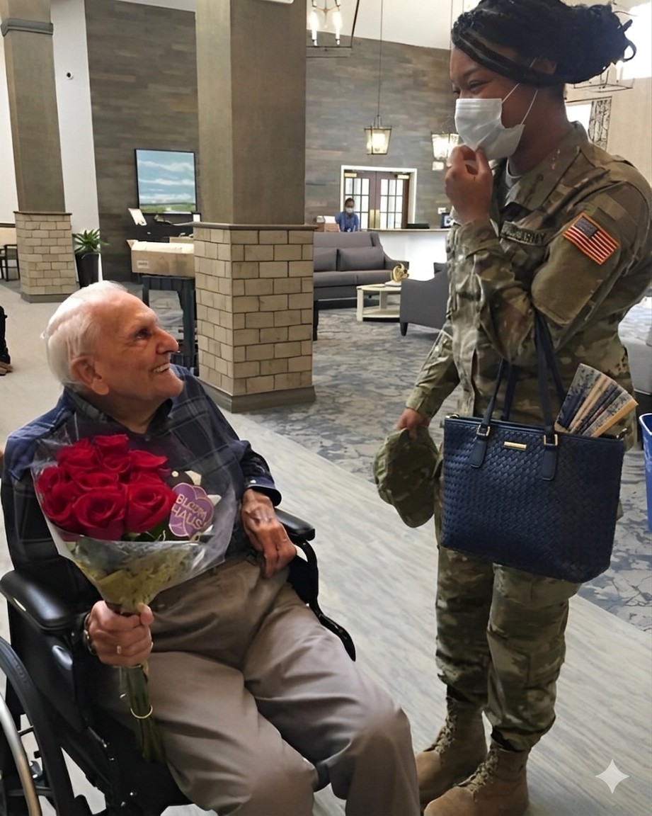 Han sträckte fram rosorna – och sedan sa han något som fick mig att falla samman. Jag hade förberett mig för denna stund under lång tid. Min uniform var prydlig, mina stövlar glänste, men ändå darrade mina händer när jag gick in i lobbyn på äldreboendet. Jag skannade rummet, letade efter honom. Och där var han. En gammal man i rullstol, hans ansikte vittnade om många år men hans ögon lyste av något jag inte kunde riktigt förstå. I hans händer höll han en bukett röda rosor. För mig. Min hals kändes som den var på väg att stängas. Jag andades in djupt och tog ett steg framåt. “Mr. Lawson?” sa jag mjukt. Han lyfte blicken, och i det ögonblicket såg jag när han kände igen mig. Hans läppar rörde sig till ett leende, och han höll rosorna lite mer fast. “Du kom,” viskade han. Jag nickade och bet mig i insidan av kinden för att inte börja gråta. “Jag var tvungen,” svarade jag. Han skrattade svagt och skakade på huvudet. “Nej… du behövde inte. Men jag är så glad att du gjorde det.” Sedan räckte han ner handen i sin ficka och tog fram ett brett, gulnat brev. “Jag skrev det här till dig… för länge sedan.” Jag sög in ett djupt andetag när jag tog det från hans darrande händer. Jag hade inte ens öppnat det än, men jag visste redan – vad som än fanns i det skulle förändra allt.