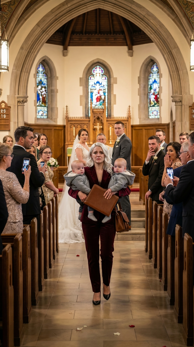 Enceinte de neuf mois, j’ai frappé à la porte, suppliant : « Daniel, s’il te plaît… ne me fais pas ça. » Il n’a même pas regardé mon ventre avant de me dire : « Tu es un fardeau », et de me pousser dans la tempête de neige. J’aurais dû mourir cette nuit-là. Mais un an plus tard, il était là, à l’autel, souriant comme si je n’avais jamais existé. Alors je suis entrée avec nos jumeaux dans les bras et j’ai murmuré : « Vas-y, dis-leur qui tu es vraiment. » Alors tous les regards se sont tournés vers moi.