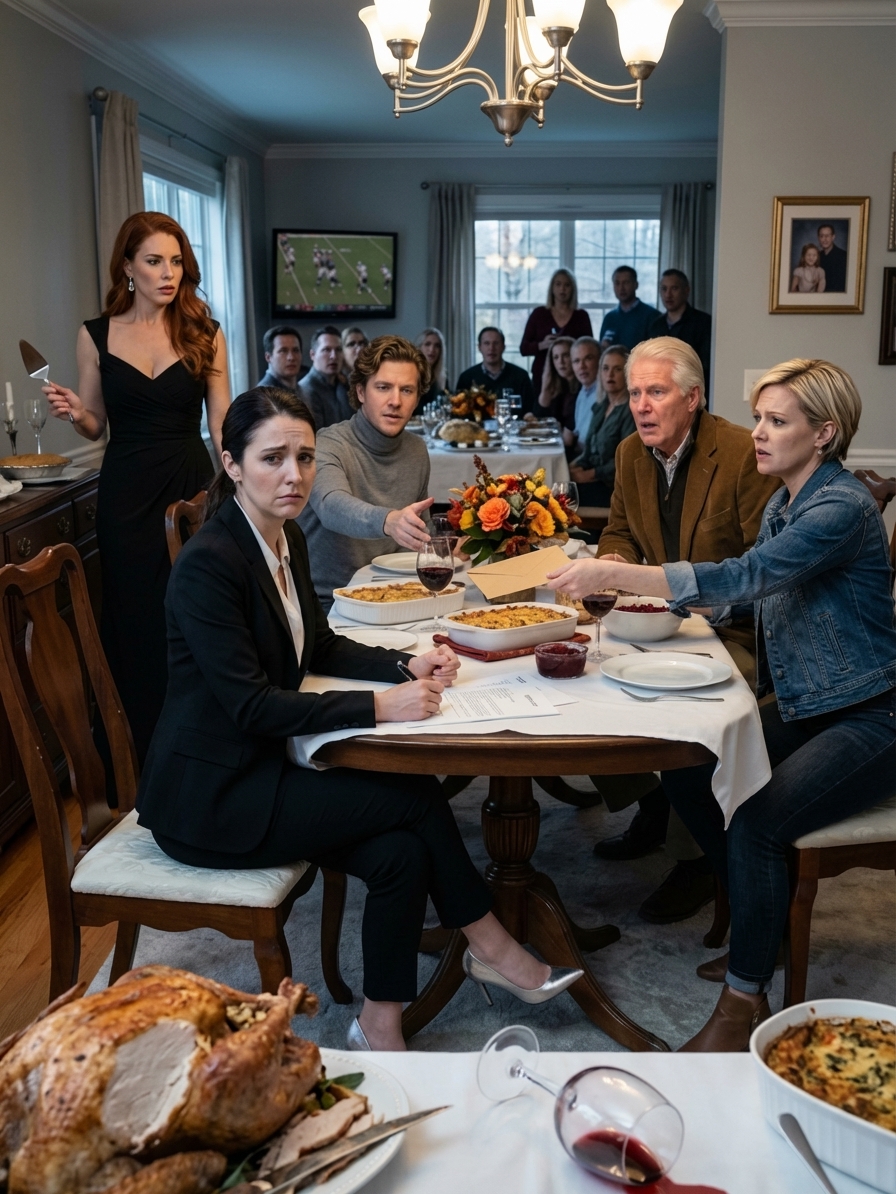 Quand mon beau-père a fait glisser les papiers de divorce notariés sur la table de Thanksgiving devant 22 invités, mon mari a refusé de me regarder dans les yeux.