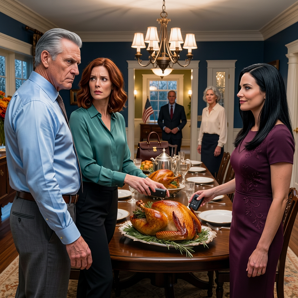 Mon père a amené la femme qu’il fréquentait au dîner de Thanksgiving et m’a dit : « Sers-la en premier, elle est enceinte. » Ma mère est sortie en larmes. Je suis restée calme et j’ai posé la dinde sur la table. Mais quand je l’ai découpée… j’ai sorti un paquet scellé que je préparais depuis des mois… TOUT LE MONDE S’EST GELÉ.