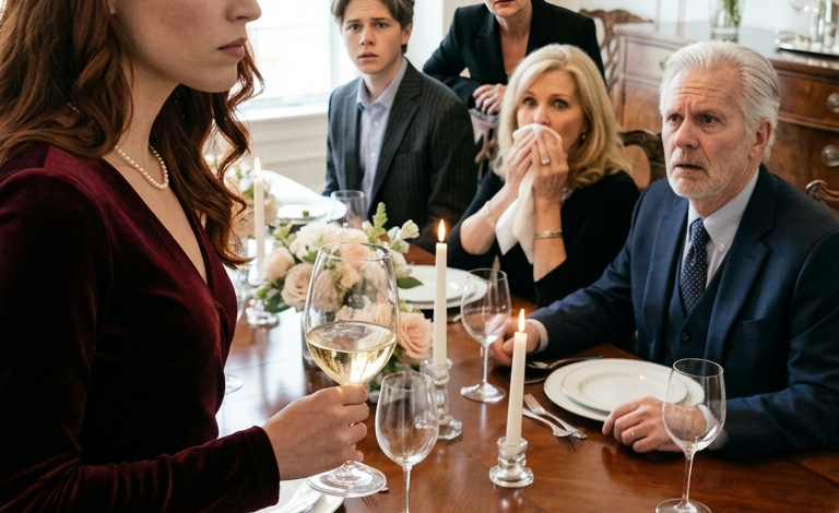 Maman a ri et a dit : « Tu n’es pas de la famille. » J’ai levé mon verre et répondu : « Parfait. Alors ne demande pas d’argent. » Son visage s’est décomposé. Papa semblait abasourdi. Un silence de mort s’est abattu sur la pièce…