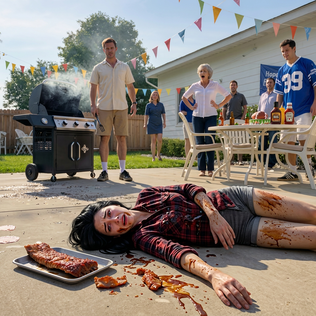 Une femme gisait, figée, sur le béton brûlant d’une banlieue, avec de la poitrine de bœuf fumée renversée à côté d’elle, tandis que son mari, encadré par la fumée du barbecue et des serpentins d’anniversaire, la fixait du regard et ordonnait à tout le monde de reculer – premier signe qu’il ne s’agissait pas d’une urgence médicale pour lui, mais d’un plan qui avait dérapé.