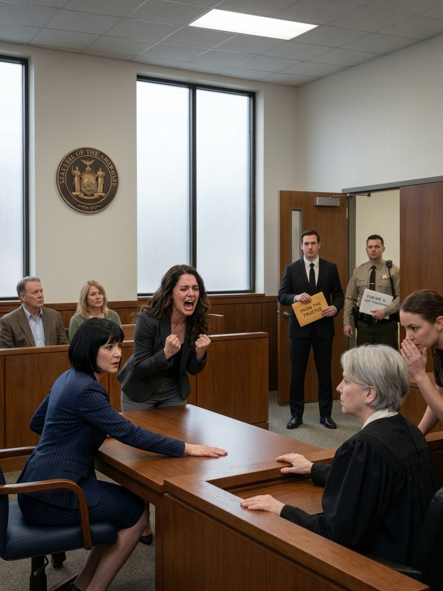 Ma sœur est entrée au tribunal des successions en blouse crème et a exigé que le juge lui transfère l’intégralité de l’héritage de notre grand-père le jour même, sous le regard approbateur de mes parents, assis derrière elle, comme s’ils avaient répété chaque hochement de tête. Son avocat a glissé la requête sur la table, m’a traité d’« inapte », et lorsque le juge m’a regardé et m’a demandé si je m’y opposais, je n’ai pas protesté ; j’ai simplement dit : « Attendez… que la dernière personne arrive. » Ils ont ri… jusqu’à ce que les portes du tribunal s’ouvrent et qu’un homme en costume noir sobre remette une enveloppe « de la part du syndic » qui fit pâlir le juge… Ma sœur, paniquée, laissa alors échapper un seul mot : « maltraitance envers une personne âgée ». Avant même que quiconque puisse reprendre son souffle, l’huissier se pencha pour murmurer… et un agent en uniforme entra avec des documents pour mon père qui ne provenaient pas de ce tribunal…