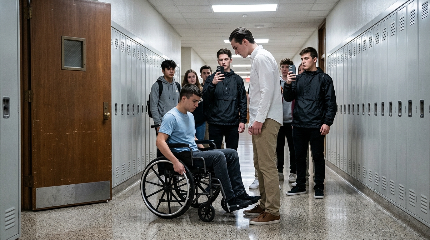 Az iskolai zaklatók kigúnyolták fogyatékkal élő osztálytársukat, hideg vizet öntöttek rá, és mindent lefilmeztek a telefonjukkal, de soha nem gondolták volna, hogy néhány perc múlva megbánják, amit tettek 😲😱 Az iskolai reggel a szokásos módon telt, minden különösebb nélkül. A hosszú folyosót hangok töltötték be: valaki sietett az órára, valaki más a szekrényeknél ült és a telefonját lapozgatta, mások a barátaikkal nevetgéltek, mindenféle dolgokról beszélgettek. A hideg napfény besütött a nagy ablakokon, visszaverődött a padlón, és minden hétköznapinak és csendesnek tűnt, mintha ez a nap semmiben sem különbözne a többitől.  És csak egy ember emelkedett ki mindig ebből a sodrásból. Alex, egy tizenhét éves fiú, lassan haladt a folyosón a kerekesszékében. Születése óta kötődött hozzá, és az évek során az iskola soha nem vált olyan hellyé, ahol biztonságban érezte magát. Gyerekkora óta hallotta maga mögött a nevetést, elviselte a bámulásokat, a gonosz vicceket és a zaklatást, ami idővel sokak számára megszokottá, szinte normálissá vált. Már megtanulta, hogy ne reagáljon, úgy tegyen, mintha nem zavarná, de belül minden ott maradt.  Aznap csak csendben akart beérni az órára, senkivel sem keresztezni az útját, és senkit sem észrevenni. De a sorsnak más tervei voltak. Már majdnem a sarkon járt, amikor hirtelen meglátta. Ugyanazt az osztálytársát, aki évekig elviselhetetlenné tette az életét.  Alex megpróbált diszkréten irányt váltani, oldalra kanyarodni, úgy tenni, mintha nem látta volna, de már túl késő volt.  Már meg is látta.  – Ó, ki jön ide a kis autójával? – mondta gúnyos mosollyal, és egy lépést tett felé. – Hová akarsz futni? Félsz tőlem?  Alex felnézett rá, és próbált nyugodt maradni. – Nem, csak nem akarom látni a csúnya arcodat.  A gazember még szélesebben elmosolyodott, mintha csak erre várt volna. – Én viszont meguntalak. Régóta nem láttuk egymást. Ki kell találnunk valamit, amitől újra sírni fogsz, mint negyedikben.  – Nem fogok sírni. Ne is próbálkozz.  Miközben beszélgettek, a többi diák is köréjük gyűlt. Néhányan csak megálltak nézni, mások azonnal elővették a telefonjukat, egy „érdekes videóra” várva, megint mások pedig nevettek, meg sem várva, mi fog történni.  Alex megpróbált nem körülnézni, nem reagálni, nem megadni nekik, amit akartak. – Lássuk csak – mondta a gazember, egy lépést közelebb lépve – Hívod anyut, vagy nem? Srácok, forgattok?  – Igen, igen, forgatunk! Vírusvideó lesz – hallatszott a tömegből.  Ekkor az egyik barátja odalépett két hideg vízzel teli műanyag vödörrel. Átadta őket, és egy pillanatra feszült várakozás töltötte be a folyosót. A gazember nem is sietett; látszólag élvezte a pillanatot. Aztán hirtelen felemelte az első vödröt, és a tartalmát egyenesen Alex fejére öntötte. A hideg víz azonnal eltalálta. Egész testével összerezzent, a ruhája azonnal átázott, a víz lefolyt az arcán, a karján, és a padlóra csöpögött. Nevetés hallatszott a tömegből. Anélkül, hogy időt hagyott volna neki, hogy összeszedje magát, a gazember fogta a második vödröt, és azonnal kiöntötte. Most Alex teljesen átázott, vacogott a hidegtől, a vállai görnyedtek, nem értette, mit tehetne még. Nem sírt, de minden látszott a szemében – a félelem, a fáradtság és a tehetetlenség. Körülöttük tovább nevettek és filmeztek. De egyikük sem sejtette, hogy néhány perc múlva megbánják a tettüket. 😨😲