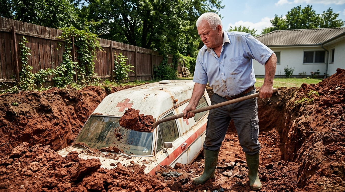Egy férfi úgy döntött, hogy úszómedencét ás a telkén, de amikor egy eltemetett mentőautóra bukkant és benézett, megdöbbentette, amit látott.  A férfi sokáig gondolkodott, hogyan tehetné otthonosabbá az udvarát. Forró nyarak voltak, és a nő gyakran elképzelte magát, ahogy a családjával a medence mellett ül, és élvezi a hűsítő frissességet. Egy nap végre úgy döntött, hogy nem halogatja tovább.  Fogta a szerszámait, és elkezdte ásni a földet, hogy medencét építsen a telkén.  Eleinte minden a szokásos volt. A talaj nehéz és sáros volt, de ő kitartott a munka mellett, ahogy elképzelte a leendő medencéjét.  Néhány óra múlva azonban, amikor elég mélyre ásott, észrevett valami furcsát a földben – valamit, ami fémfelületnek tűnt, és nem illett a természetes környezetbe. 😨😨 Egy pillanatra megállt, majd kíváncsiságból még jobban ásni kezdett. Gyorsan oldalra dobta a földet, és megpróbálta kideríteni, mi rejtőzik alatta. Hamarosan a fémfelület tisztább lett, és vörös vonalak és jelölések jelentek meg… Nem telt bele sok idő, és világossá vált: egy mentőautó volt eltemetve a föld alatt.  A férfi egyszerre volt zavart és ijedt. Közelebb lépett, megtisztította az ablak egy részét, és benézett – és amit ott látott, mélyen megrázta.