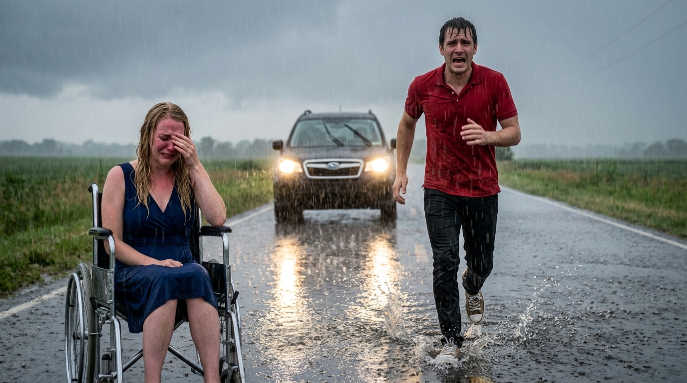 Rossz irányba kanyarodott egy vihar közepén… és egy fiatal nőt talált magára hagyva egy tolószékben: a felfedezett igazság lélegzetét visszafojtva hagyta.  Az eső zuhogva esett, olyan, ami nem is víznek érződik, hanem egy vastag függönynek, ami arra kényszerít, hogy lassíts és mindenben kételkedj: a sietségben, az útvonalban, a döntéseidben. Dorian Flintwood megragadta a kormánykereket, és hunyorogva nézett a bepárásodott szélvédő mögé. Az ablaktörlők úgy működtek, mintha mindjárt letörnének, mégis a világ töredékekben tűnt fel előtte: egy fehér vonal, egy meghajló fa, egy pocsolya, amely a kerekek alatt törik fel.