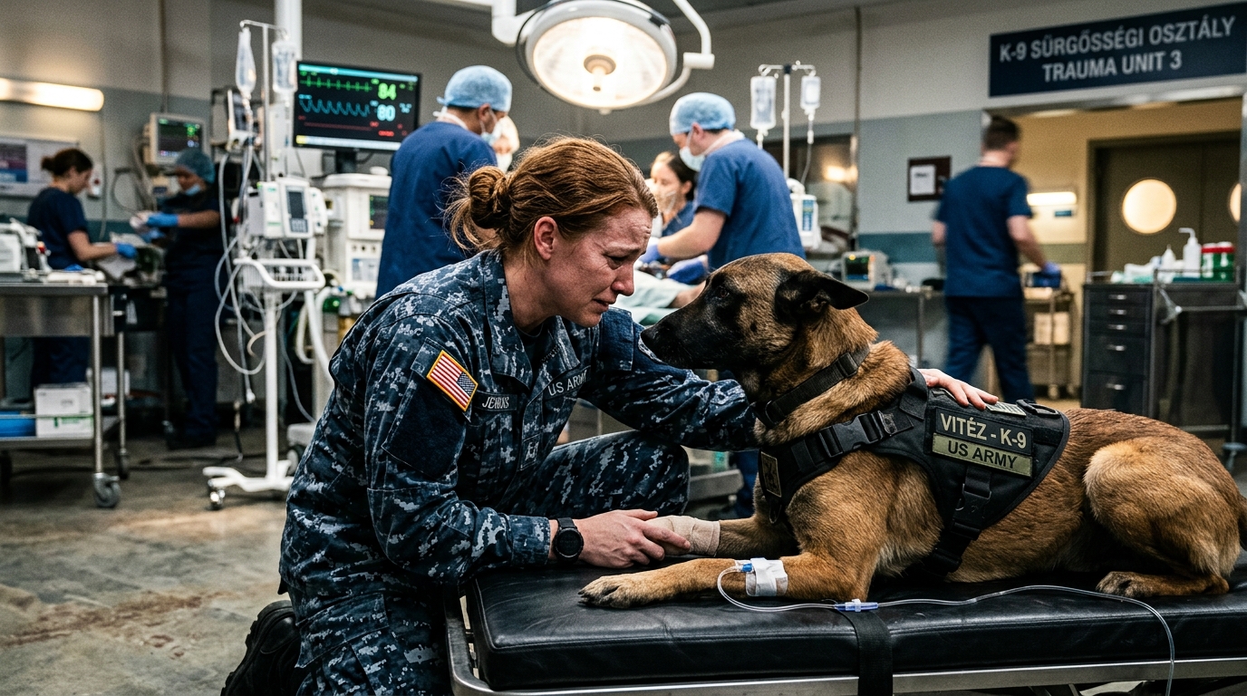 „Én vagyok az” – A sérült segítőkutya senkit sem engedett közel, amíg egy fiatal SEAL el nem suttogta az egysége kódját.  A bázis sürgősségi állatorvosi rendelője parancsok, csörgő hangszerek és sietős léptek kaotikus zűrzavara volt, ahogy az ajtók kitárultak, és a segítőkutyás csapat berontott egy hordággyal.  Nem ugatott. Nem sírt. Csak figyelt. Minden mozdulatot. Minden hangot. Mindenkit.  Kódnév: Titan. Egy belga juhászkutya, egy első osztályú segítőkutya. Hat nappal korábban a kiképzője nem tért vissza egy külföldi küldetésről.  Azóta az éjszaka óta Titan minden kezelési kísérletet visszautasított. Abban a pillanatban, hogy egy idegen keze közeledett felé, a teste megmerevedett – nem az agressziótól, hanem a kiképzés szigorától. Az egyetlen személy, akiben megbízott, eltűnt.  Az állatorvos tudta, hogy fogy az idő. A főorvos nagy adag nyugtatót rendelt el, amely elég erős volt ahhoz, hogy még a legbátrabb munkakutyákat is lecsillapítsa a műtét előtt.  De Titan kimerült volt és fájdalmai voltak. Ha hibáznak, nem veszítenek el csak egy állatot. Elveszíthetik egy társukat, akit a Haditengerészet évekig képzett ki.   A körülötte lévő hangok elhalkultak. Kezek gondosan bántak a pórázzal és a takarókkal, türelmük csiszolódott, de Titan csak még jobban behúzódott a sarokba, éles tekintetű, feszes mellkasú, izmai készenlétben álltak.   Nem úgy nézett ki, mint egy segítségre váró kutya. Úgy nézett ki, mint egy katona, aki nem hajlandó megadni magát.   Aztán egy új személy jelent meg az ajtóban. A csizmájára még mindig tapadt a por.   Az egyenruhája gyűrött volt az utazástól.   Kezei lazán lógtak az oldalán.   Magdalene „Maggie” Ashford őrmester, egy 25 éves SEAL ápolónő, éppen akkor tért vissza ugyanabból az egységből, ahol Titan szolgált. Ismerte a kiképzőjüket.   Ott volt az eligazításokon, a hosszú éjszakákon, a dolgokon, amiket a körön kívül senki sem hallhatott.   És mélyen az elméjében létezett valami, amit szinte senki sem tudott abban a szobában: a vészhelyzeti mantra, amit arra a pillanatra alkottak, amikor egy harci kutya elveszíti az egyetlen hangot, amelynek valaha engedelmeskedett.   Nem ugrott előre. Nem nyúlt a kötelékek felé.  Leült a padlóra, egyenesen Titan szemébe nézett, és kimondta a hat halk szótagot, amit a csoport évekkel korábban írt a sivatagi hőség és a sötétedő ég alatt.  És akkor a szoba