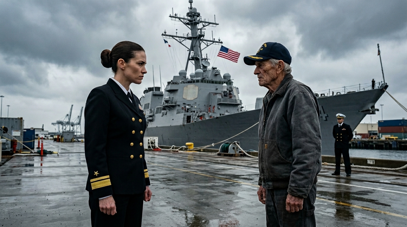 Egy tengerésztiszt megakadályozott egy veterán beszállását – majd egy admirális meglátta a foltját és lefagyott – Uram, meg kell kérnem, hogy lépjen el a feljárótól.  A hang áthasított a levegőn – éles, pontos, mint egy finoman kiélezett penge, amelyet az engedelmesség kikényszerítésére terveztek. – Ez a terület csak az engedelmesség kikényszerítésére szolgál.  Arthur Corrigan – nyolcvankilenc éves, minden egyes év súlyát cipelve fáradt csontjaiban – nem mozdult. Pontosan ott állt, ahol volt. Tekintete nem a vele szemben álló fiatal tisztre szegeződött, hanem a hatalmas szürke hajótestre, amely előttük magasodott: az USS Dauntlessre. Friss festék, sós víz… és valami mélyebb illata terjengett. Valami fémes, tiszta, összetéveszthetetlen – valami, ami hetven évnyi csend alatt eltemetett emlékeket idézett fel. – Uram, hallott engem? – erősködött Rostova hadnagy, hangja feszültebbé vált. Ő volt a fedélzeti tiszt – egyenruhája minden négyzetcentimétere makulátlan, borotvaéles tökéletességre csiszolva. Szőke haját szigorú előírásoknak megfelelő kontyba fogta, egyetlen tincs sem lógott ki a helyéről. Merev bizonyossággal viselkedett, mint aki hiszi, hogy a világ szabályokra, és csakis szabályokra redukálható.  – Meghívóm van – válaszolta Arthur halkan, az öregségtől rekedt hangon, miközben keze a széldzsekije zsebébe csúszott.  – Mindenkinek van egy története, uram – lehelte Rostova, máris vesztésre állva a türelmét. Elvette Arthur kezéből az összehajtott levelet, alig nézett rá rendesen, mielőtt teljesen elhessegette volna. Egyetlen csuklómozdulattal visszaadta – mintha valami olyasmi lenne, ami még egy második pillantásra sem méltó. – Ez egy szabványlevél – mondta kifejezéstelenül. – Köszönjük a szolgálatát, de ez nem biztosít korlátlan hozzáférést egy aktív haditengerészeti hajóhoz. Körülöttük a légkör kezdett megváltozni. Az emberek a mólón észrevették. A telefonok csendben felemelték a telefonokat, a képernyők világítottak, miközben rögzítették a kellemetlen jelenetet – egy idős férfi csendes megaláztatását nyilvánosan. – Uram, ez az utolsó figyelmeztetés – mondta Rostova, hangja most már határozott, hajthatatlan volt. „Térj vissza a kijelölt nyilvános területre, vagy megkérem a Fegyvermestert, hogy kísérjen le a mólóról.”  Aztán lesütötte a tekintetét. Arthur dzsekijének kopott elejére pillantott. Bal mellére egy kicsi, kifakult folt volt tűzve – egy sötétkék kör, amelyet egy ezüstös szigony jelzett, amely egy láthatatlan erővel kavargó viharfelhőn tört át.