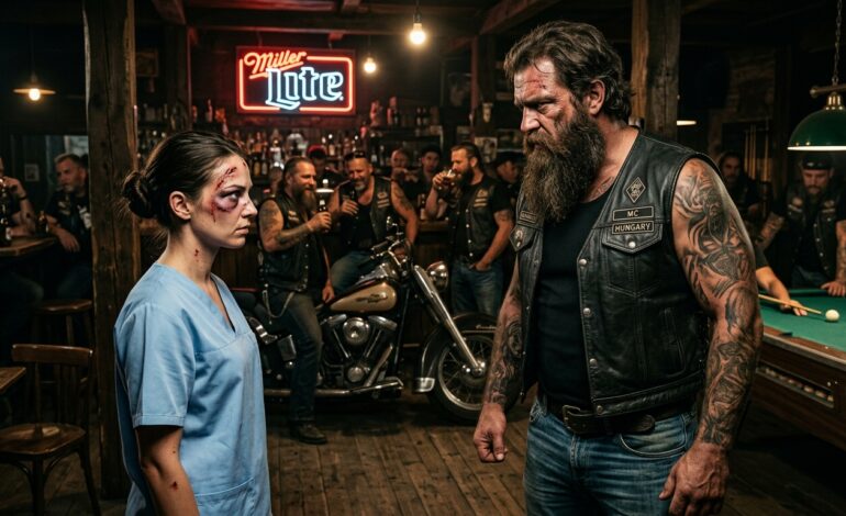 A motorosok nevettek, amikor azt mondta: „Lépj hátrébb” – míg hozzá nem tette: „Itt vagyok a fiamért”. A Red Wolf Motorcycle Club neonreklámja irritáló zümmögéssel pislákolt és zümmögött, alig versenyezve a klasszikus rock dübörgő basszusával és a biliárdgolyók összecsapásának éles reccsenésével. A környéken bárki számára ez a hely több volt, mint egy bár – bőr, króm és csendes fenyegetés erődítménye. Egy olyan terület, ahová a rendfenntartók ritkán tették be a lábukat, és a civilek tudták, hogy jobb, ha nem szabad betévedniük. Ez a kimondatlan szabály kőbe vésett volt, olyan férfiak tartották fenn, akik a tiszteletet félelemmel mérték – és erőszakkal érvényesítették. De ma este a nehéz tölgyfaajtó nem csak úgy kitárult. Befelé lökték – lassan, szándékosan – egy olyan erővel, ami azonnal magára vonta a füsttel teli szobában minden tekintetet. Az ajtóban álló alak… furcsán nézett ki. Kicsi volt. Kimerült. Kék kórházi műruhát viselt, sötét, nyugtalanító foltokkal tarkítva. Viper Thompson, a klub elnöke – aki több mint húsz éve abszolút hatalommal uralta ezt a területet – összehúzta a szemét a cigarettafüst ködében. Lassan letette whiskyspoharát, és a betolakodót tanulmányozta.  Úgy nézett ki, mintha épp most lépett volna ki egy brutális sürgősségi műszakból… és valahogy rossz irányba fordult volna, egyenesen a pokolba.  Nem tűnt veszélyesnek.  Prédának tűnt.  „Hé! Elvesztél, drágám?” – kiáltotta Viper, hangja gúnyos aggodalommal teli, alig leplezve a fenyegetést. „Az ajándékbolt körülbelül három háztömbnyire van arra.” Nevetéshullám söpört végig a termen.  Tank Rodriguez, a klub hatalmas végrehajtója – akinek puszta mérete általában már a kezdete előtt véget vetett a vitáknak – megfordult a bárszékén. Feltűnt a szemében, majd hangosan, ugatóan felnevetett, ami arra biztatta a többieket, hogy csatlakozzanak.  Számukra a lány nem volt több, mint egy zavarodott kívülálló. Egy törékeny dolog, amely egyenesen egy ragadozók barlangjába tévedt. – Azt hiszem, útbaigazításra van szüksége – gúnyolódott Tank, előrelépve, hogy teljesen elállja az útját, hatalmas alakja árnyékot vetett, ami mintha teljesen elnyelte volna a nőt. – Vagy talán csak egy italra van szüksége, hogy lenyugtassa az idegeit.  A nő meg sem rezzent. Nem lépett hátra. Egyszerűen csak felemelte a fejét, egyenesen a férfi tekintetébe nézett. Barna szeme nyugodt volt – teljesen mentes a félelemtől, amihez a férfi hozzászokott.