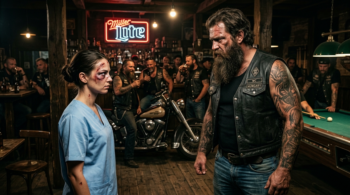 A motorosok nevettek, amikor azt mondta: „Lépj hátrébb” – míg hozzá nem tette: „Itt vagyok a fiamért”. A Red Wolf Motorcycle Club neonreklámja irritáló zümmögéssel pislákolt és zümmögött, alig versenyezve a klasszikus rock dübörgő basszusával és a biliárdgolyók összecsapásának éles reccsenésével. A környéken bárki számára ez a hely több volt, mint egy bár – bőr, króm és csendes fenyegetés erődítménye. Egy olyan terület, ahová a rendfenntartók ritkán tették be a lábukat, és a civilek tudták, hogy jobb, ha nem szabad betévedniük. Ez a kimondatlan szabály kőbe vésett volt, olyan férfiak tartották fenn, akik a tiszteletet félelemmel mérték – és erőszakkal érvényesítették. De ma este a nehéz tölgyfaajtó nem csak úgy kitárult. Befelé lökték – lassan, szándékosan – egy olyan erővel, ami azonnal magára vonta a füsttel teli szobában minden tekintetet. Az ajtóban álló alak… furcsán nézett ki. Kicsi volt. Kimerült. Kék kórházi műruhát viselt, sötét, nyugtalanító foltokkal tarkítva. Viper Thompson, a klub elnöke – aki több mint húsz éve abszolút hatalommal uralta ezt a területet – összehúzta a szemét a cigarettafüst ködében. Lassan letette whiskyspoharát, és a betolakodót tanulmányozta.  Úgy nézett ki, mintha épp most lépett volna ki egy brutális sürgősségi műszakból… és valahogy rossz irányba fordult volna, egyenesen a pokolba.  Nem tűnt veszélyesnek.  Prédának tűnt.  „Hé! Elvesztél, drágám?” – kiáltotta Viper, hangja gúnyos aggodalommal teli, alig leplezve a fenyegetést. „Az ajándékbolt körülbelül három háztömbnyire van arra.” Nevetéshullám söpört végig a termen.  Tank Rodriguez, a klub hatalmas végrehajtója – akinek puszta mérete általában már a kezdete előtt véget vetett a vitáknak – megfordult a bárszékén. Feltűnt a szemében, majd hangosan, ugatóan felnevetett, ami arra biztatta a többieket, hogy csatlakozzanak.  Számukra a lány nem volt több, mint egy zavarodott kívülálló. Egy törékeny dolog, amely egyenesen egy ragadozók barlangjába tévedt. – Azt hiszem, útbaigazításra van szüksége – gúnyolódott Tank, előrelépve, hogy teljesen elállja az útját, hatalmas alakja árnyékot vetett, ami mintha teljesen elnyelte volna a nőt. – Vagy talán csak egy italra van szüksége, hogy lenyugtassa az idegeit.  A nő meg sem rezzent. Nem lépett hátra. Egyszerűen csak felemelte a fejét, egyenesen a férfi tekintetébe nézett. Barna szeme nyugodt volt – teljesen mentes a félelemtől, amihez a férfi hozzászokott.