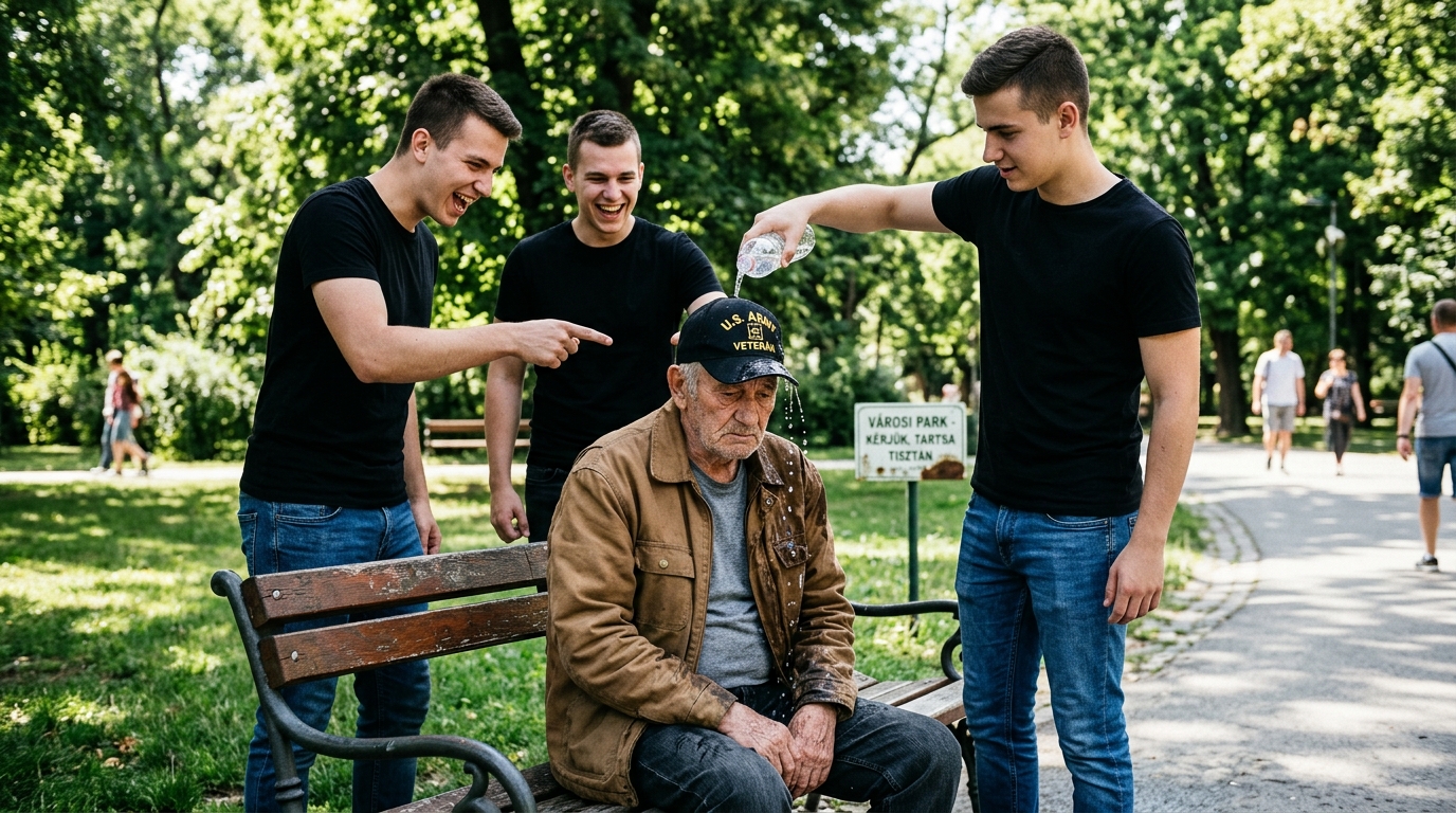 Három huligán a parkban gúnyolódott egy idős emberen, lelocsolták vízzel és nevetgéltek: de a fiataloknak fogalmuk sem volt, hogy ki is valójában az öregember, és hogyan fog véget érni ez a találkozó számukra 😱