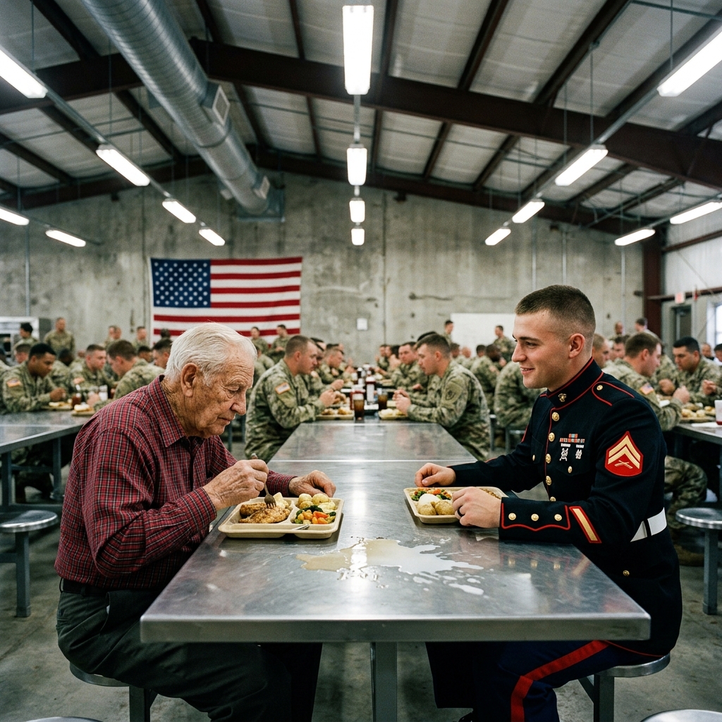 Kigúnyolt egy néma gondnokot – aztán elolvasta a nevet az öngyújtón, és megdermedt A NAP, AMIKOR EGY FIATAL ŐRMERZSEM BELECSAPOTTA A KEZÉT AZ ASZTALBA – ÉS FELÉBREDT EGY 50 ÉVES SZELLEMET, AMELYRŐL A TENGERÉSZGYALOGOSOK ÚGY GONDOLTAK, HOGY RÉGÓTA EL VAN TEMETVE Az üdítőautomata melletti öregembernek hívták. Aki felmosta a padlót. Akinek soha senki nem köszönte meg. Aki mellett minden tizenkilenc éves őrvezető elment anélkül, hogy ránézett volna. De az a kedd a Camp Lejeune-ben – egy nap, amely úgy kezdődött, mint bármelyik másik, 300 tengerészgyalogos nevetésével, dicsekvésével, a villák csörömpölésével a fémtálcákon – azzá a napká vált, amikor végre meglátták a láthatatlan gondnokot. És egyetlen tiszteletlen pillanattal kezdődött. Az étkezde úgy dübörgött, mint egy acéldob – gőz szállt fel a serpenyőről, hangok verődtek vissza a csempézett falakról, az ipari mosogatógép állandó basszus szólamként dübörgött alatta. Fiatal, díszes kék egyenruhás tengerészgyalogosok éles pontossággal mozogtak, azzal a nyugtalan, érinthetetlen magabiztossággal, amivel csak a kipróbálatlanok rendelkeznek.  Mindannyian, kivéve egy mozdulatlan alakot a viharban.  Harlon Vance.  Egyedül ült egy üdítőautomata pislákoló fénye alatt, kockás flanelingje évtizedekig tartó mosástól elvékonyodott, kezén ízületi gyulladás és évekig tartó zsírfoltos munka nyomai voltak. Csendes. Figyelmen kívül hagyva. Csak a portás. A tengerészgyalogosok számára ő nem egy személy volt – a háttér része.