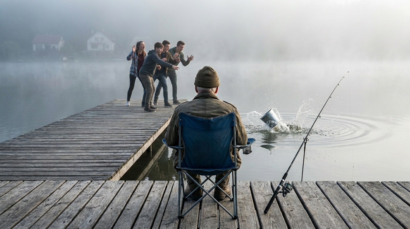 Egy idős férfi csendben ült egy régi, fából készült ponton szélén és horgászott, amikor három fiatalember huncut mosollyal odalépett hozzá – de fogalmuk sem volt, hogyan fog végződni ez a találkozás számukra… 😲😱 Csendes és hűvös reggel volt ez. Enyhe köd lebegett a víz felett, elrejtve a távoli partot. Az öregember egy összecsukható székben ült, a botot kezében tartva, és gondosan figyelte az úszót. Mellette egy fémvödör volt, amiben már néhány kifogott hal zajongott.  A csendet lépcsők szakították meg. Három fiatalember közeledett hátulról, hangosan beszélgetve és egymásra nézve. Hangjuk elárulja a hozzáértő emberek magabiztosságát, így senki sem ellentmond nekik. – Hé, nagyapa, nem innen való vagy? – nevetett az egyikük. – Tudod egyáltalán, hol állsz? – tette hozzá egy másodperc. – Ez a mi tavunk. Szeretnél itt horgászni? Fizess.  Az öregember még nem jött vissza. Halkan megigazította a botját, ellenőrizte a fonalat, és csak akkor, kissé elfordítva a fejét, válaszolt nyugodt hangon: — A tó mindenkié. Itt minden szabad. Jogom van itt lenni és azt tenni, amit akarok.  — Hallottátok? — mondta az egyik. — Leckéket ad nekünk a jogokról. — Újra mondom — a hangja keményebb lett —. Vagy fizetsz… vagy elmész innen  Az öregember visszatért a vízbe, mintha a fiatal soha nem is létezett volna. És ez feldühítette őket. – Mi van, nagypapa, süket vagy? — Hé! Hozzád beszélünk! Az egyik fiatalember előrelépett, és teljes erejéből a vödörre csapott. A fém fülsiketítő hangot adott, és a vödör hal a vízbe repült. Az öregember meg sem mozdult. Csak megigazította a horgászbotját, és újra az úszót figyelte.  A fiatalok már nem nevettek — Megmondtam, fizetsz, vagy elmész — mormolta a fogai között. Nyugalom. Az öregember elhallgatott. Nem törődött velük. Ez rosszabb volt, mint bármilyen válasz.  — Oké… — mondta lassan a legközelebb álló. — Úgy tűnik, nem érti az ellenkezőjét.  Felemelte a kezét, ökölbe szorította a kezét, és előrelépett, felkészülve arra, hogy megüsse az öregembert.  De pontosan abban a pillanatban valami teljesen váratlan dolog történt 😯😨
