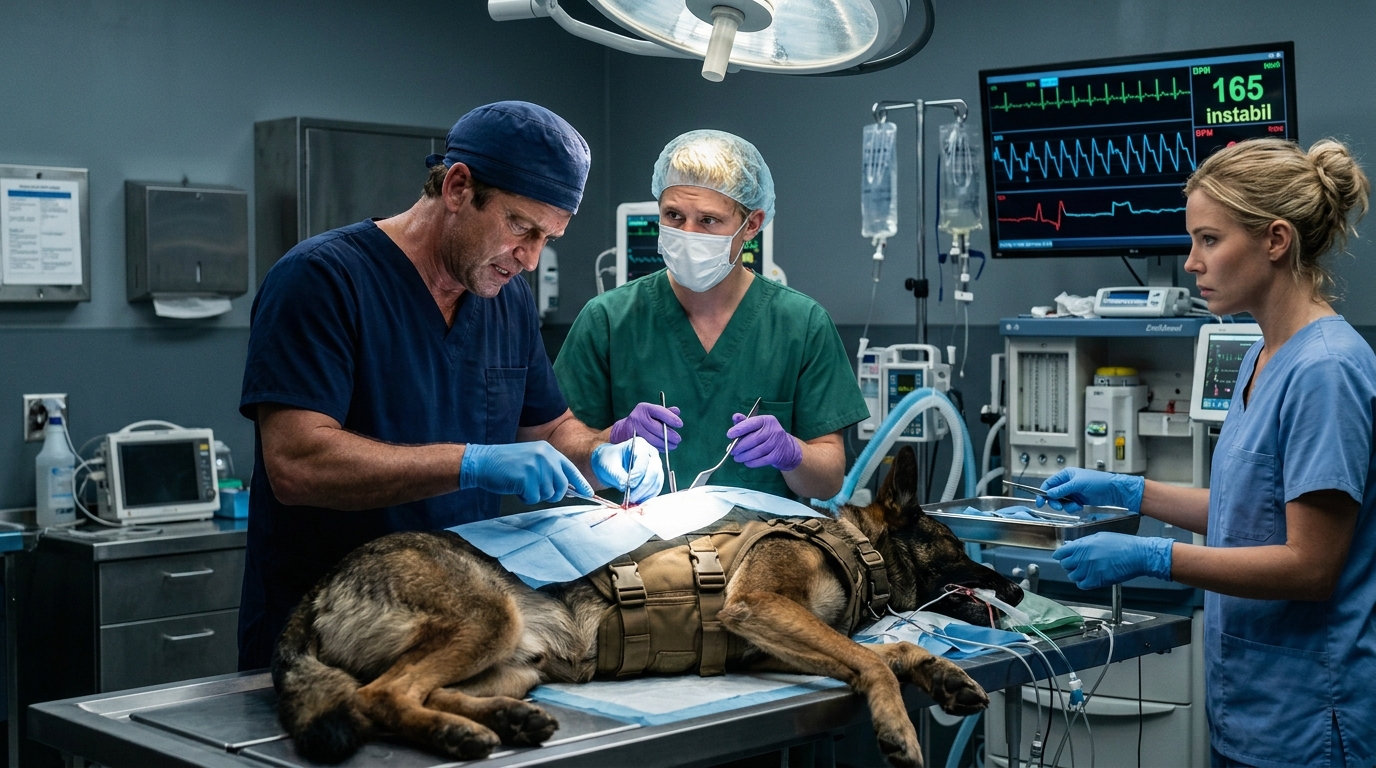 Egy sérült segítőkutya az utolsó pillanatig ellenállt az orvosoknak, és nem engedte levenni a nyakörvét: de amikor végre sikerült levágniuk, a nyakörv alatt valami igazán rémisztőt láttak 😱😨 Tizenhat éve dolgozom a sürgősségi osztályon, és ez idő alatt megtanultam, hogy ne vegyem magamra mások fájdalmát, különben egyszerűen nem lehet túlélni ebben a szakmában. Egyetlen műszakban túl sokat látsz: megtört sorsokat, félelmet, olyan emberek utolsó szavait, akik már semmit sem tudnak megváltoztatni. Idővel az ember már nem úgy reagál, mint egy átlagember, és csak a munkáját végzi. Biztos voltam benne, hogy semmi sem tud kibillenteni az egyensúlyából.  De az az éjszaka más volt.  November vége, erős vihar, eső és szél. A kórházban folyamatosan pislákolt a villany, mi pedig kávéval és a megállás nélküli munka szokásával tartottuk magunkat életben. Hajnali kettő körül kaptunk egy kérést a rádión. A mentős furcsán beszélt, feszült volt a hangja. Egy súlyos baleset felé tartottak, egy autó letért az útról és egy szakadékba zuhant, részben a folyóba. De nem volt beteg, akit hozzánk hozhattak volna. A személy ott maradt, a víz alatt. De egy kutya volt – egy segítő kutya, egy rendőrkutya.  Az állat valahogyan kijutott az útra, és súlyos állapotban volt. Az állatorvosi rendelő túl messze volt, az utakat elöntötte a víz, ezért hozzák hozzánk. A szabályok szerint nem lett volna szabad állatokat kezelnünk, de néha a szabályok nem számítanak. Mondtam nekik, hogy hozzák hozzánk. Amikor az ajtók kinyíltak, a hordággyal együtt, hideg levegő és nedves föld szaga áradt be. A hordágyon egy nagy német juhász ült. Bundája vörös foltokkal és sárral volt átitatva, a légzése szaggatott volt, a teste pedig remegett a fájdalomtól és a hidegtől. De még ebben az állapotban is koncentrált maradt, mintha utolsó erejével kapaszkodna. Nehéz taktikai hámot viselt, seriffjelvénnyel. A nyakörv elszakadt; Egy súlyos seb volt alatta, de amíg le nem vettük, nem érthettük volna, mi is történik valójában.  A csatok felé nyúltam, és nyugodtan beszéltem, próbáltam nem megijeszteni a kutyát. De amint az ujjaim a hámhoz értek, a kutya hirtelen felkapta a fejét, morgott, és megpróbált megharapni. Az állkapcsa közvetlenül a kezem mellett csapódott össze, és elszakította a kesztyűt. Nem csak félelem volt. Ez tudatos figyelmeztetés volt.  Újra próbálkoztam, de ismét előrelendült, alig bírt állni. Nem csak ellenállt – valamit védett.  Jobban megnéztem, és rájöttem, hogy a mancsaival a mellkasát nyomja, mintha el akarná rejteni előlünk.  – Ne féljetek – mondtam. – Ne engedjétek, hogy odaérjünk.  A mentős megerősítette, hogy a helyszínen sem tudták levenni a hámot; a kutya pontosan ugyanúgy viselkedett. De majdnem kifutottunk az időből, holtan feküdt az asztalon. Megbénítottam, és elvettem az ollót. Erőteljesebben kezdett küzdeni, mint korábban, bár szinte semmi ereje nem volt. Kétségbeesett ellenállás volt, mintha megértette volna, mi történik. Egymás után vágtuk el a hevedereket, és egy ponton furcsa hangot adott ki – nem morgást vagy ugatást, hanem valami a kettő között, mintha utoljára próbálna megállítani minket. Amikor az utolsó heveder is kioldódott, a hám az asztalra esett. Épp a vérzés forrását kerestem volna, de beragadtam. A nyakörv alatt nem az volt, amire számítottunk. A kutyára néztem, és nem értettem, mit látok. Nem félt tőlünk, nem védekezett – valamit védett. A kutya szorosan kapaszkodott véráztatta bundájába, a legtartósabb golyóálló mellényréteg alatt rejtőzve, ezért volt hajlandó az életét adni. Elállt a lélegzetem, a lábaim mintha nem figyeltek volna rám. Remegő kézzel óvatosan nyúltam ki, képtelen voltam levenni a tekintetemet arról, ami előttem volt. 😱😲