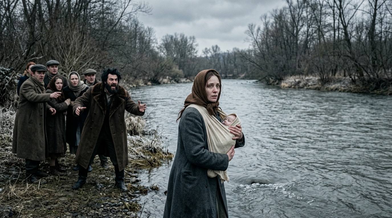 Amikor rokonai ellene fordultak, Máriának csak egyetlen kiútja maradt: megértette, milyen veszélyes ez a folyó, de el sem tudta képzelni, hogy a túlsó parton valami sokkal ijesztőbb vár rá, mint a szörnyű áramlat 😯😱 Amikor a falu megtudta, hogy Mária férj nélkül adott életet gyermekének, minden gyorsan megoldódott. Először suttogva, majd hangosabban, végül pedig hangosan: vagy marad – de gyermek nélkül –, vagy örökre elmegy.  Senki sem próbált úgy tenni, mintha lett volna harmadik lehetőség.  Maria nem korholta. Nem sírt. Nem kért semmit. Még aznap este összeszedett néhány holmit, meleg takaróba csavarta a gyermeket, és szorosan magához kötötte. A ház, amelyben felnőtt, hátramaradt – azokkal az emberekkel együtt, akik tegnapig a sajátjuknak nevezték. Reggel elhagyta a falut. Csak egy út volt előtte. A falu egyik oldalán sűrű erdő kezdődött: sötét, nyirkos, vérfagyasztó hangokkal teli. A másik oldalon – egy mély szakadék. És előtte – a folyó. Széles, hideg, nehéz és vad sodrással. Az erdő túl veszélyes volt. A mélység, zsákutca. Csak a folyó maradt. A folyón túl kezdődött az út a városba. Volt egy világ, ahol senki sem tudta a nevét.  Amikor Maria partra ért, emberek álltak mögötte. Család, szomszédok, ismerős arcok – és egyetlen meleg pillantás sem. Belépett a vízbe. A hideg hirtelen lecsapott, de nem állt meg. Lépett egyet. Aztán még egyet. A víz emelkedett, a ruhája átázott, az áramlat lehúzta. – Ha átkelsz ezen a folyón, Maria, nincs visszaút! Te már nem létezel ennek a családnak! – kiáltotta a bátyja.  Még meg sem fordult. Szorosabban ölelte magához a gyermeket, és halkan azt mondta: – Jobb meghalni számukra… mint velük élni. Továbbment. Amikor a víz a derekáig ért, az áramlat észrevehetően erősebbé vált. Minden lépést el kellett szakítani a folyótól, mintha mindenáron meg akarná állítani. És ekkor Maria felnézett a túlsó partra. Volt ott valami sokkal ijesztőbb, mint a folyó sodrása és az őt elhagyó rokonok haragja. De a nő tudta, hogy nincs visszaút… 😨😱