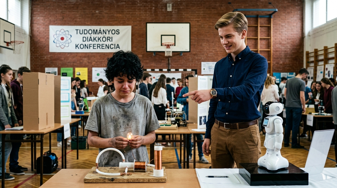 A milliárdos fiú mindenki előtt gúnyolta osztálytársát, de ami egy pillanattal később történt, az egész osztályt sokkolta.  Tudományos kiállítás volt az osztályban. Mindenki összegyűlt, hogy bemutassa a projektjeit. Tanárok, diákok – még az igazgató is – gondosan követték mindenki munkáját.  Egy szerény fiú állt egy sarokban: ruhája kissé kopott volt, keze pedig piszkos a munkától. Egy csövekből, huzalokból és egy fémtekercsből készült kis szerkezetet tartott a kezében.  Ez egy házi készítésű elektromágneses generátor volt, amelyet azért terveztek, hogy bemutassa, hogyan lehet kis mennyiségű energiát előállítani, például vizet tisztítani vagy kisebb készülékeket működtetni. 😨😨 Az osztály leggazdagabb fia állt mellette – a milliárdos fiú. Bemutattak egy drága robotot, amely a legújabb technológiától csillogott.  Amikor a szerény fiú elkezdte magyarázni a szerkezetét, a milliárdos fiú hangosan felnevetett. – Ezt hoztátok a kiállításra? Ez egy játék, nem egy találmány. Ó, nézzétek – csövek, huzalok… Senkinek sincs erre szüksége – mondta mindenki előtt, és az osztály néhány diákja elkezdte gúnyolni a fiút. Azonban amit a fiú készüléke néhány másodperccel később tett, mindenkit megdöbbentett.