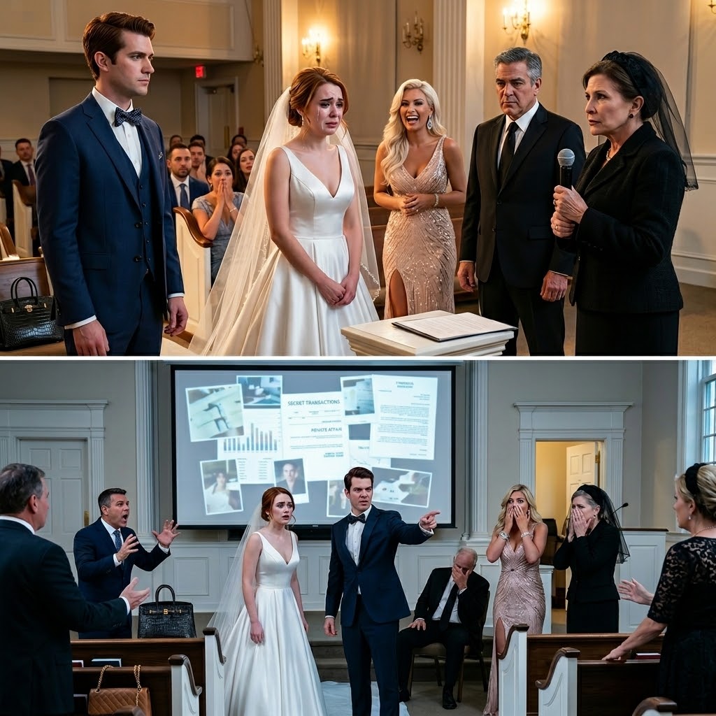 Production cinématographique et télévisuelle À mon mariage, mes parents portaient des vêtements noirs de deuil. Ma mère prit le micro : « Nous resterons ici jusqu’à ce que vous signiez les papiers de transfert de maison pour votre sœur ! » Ma sœur rit. Mon mari se leva calmement et montra l’écran. Ce qui apparut à l’écran la fit fuir la salle…