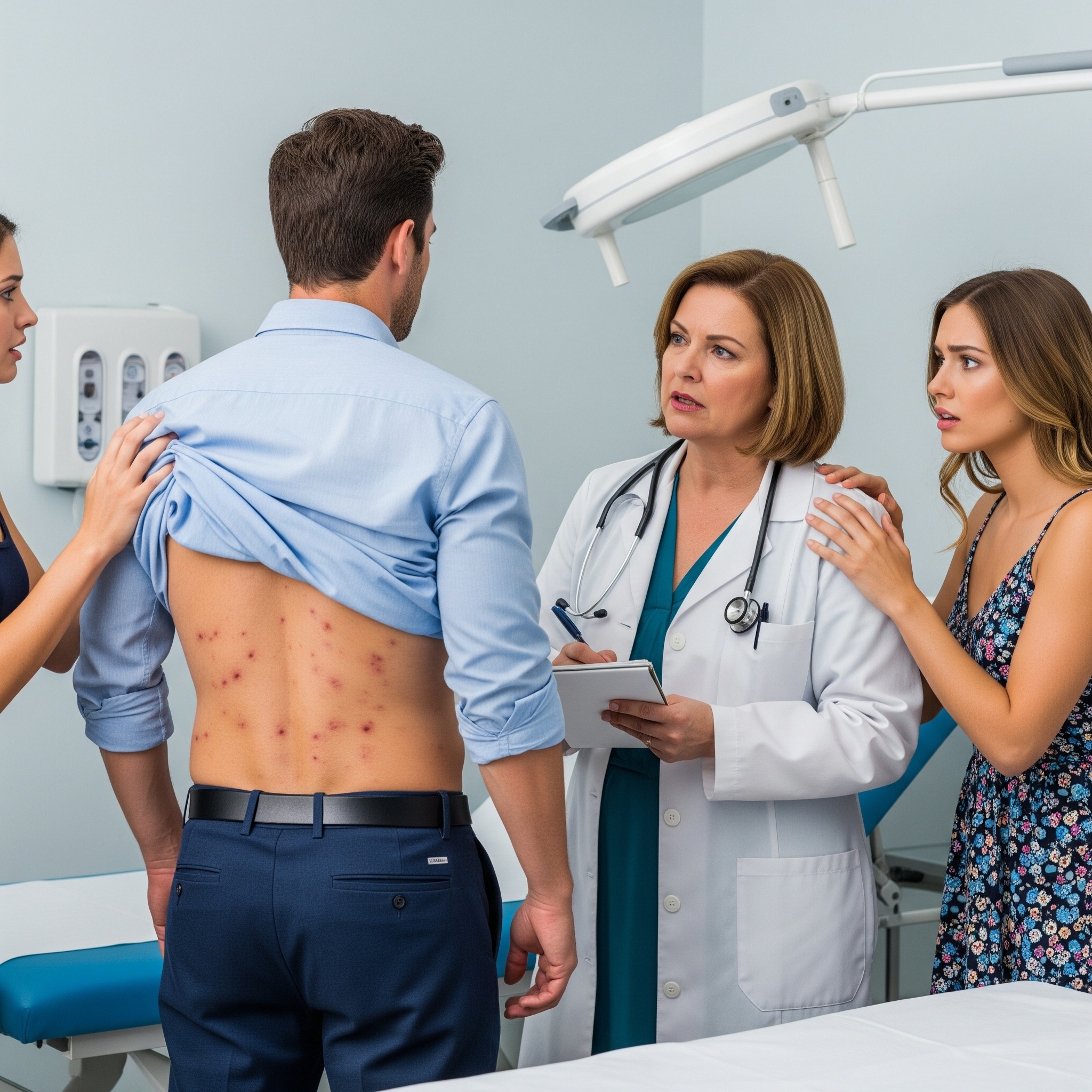 There were thirty tiny, red, egg-like spots on my husband’s back. I hurried him to the hospital, but as soon as the doctor saw them, he turned pale and ordered, “Call the police.”…When I peeled back my husband’s shirt that morning, I wasn’t expecting to find thirty small red dots, perfectly arranged across his upper back. They looked like insect eggs—tiny, glistening, translucent. My heart lurched. “Michael, don’t move,” I whispered, my voice shaking. He laughed, thinking I was exaggerating, until he saw my face.