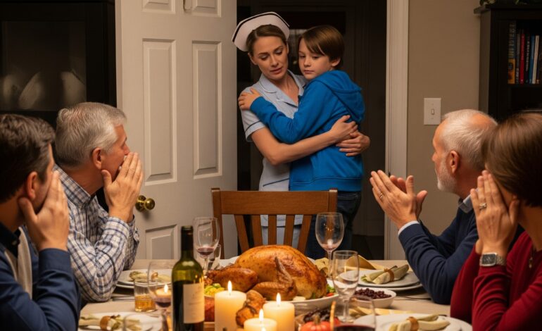 Coming home from my Thanksgiving shift, I saw my son shaking in the icy air while my family enjoyed the lavish $10,000 dinner I’d bought. I stepped inside, spoke six words—and their laughter died instantly…..