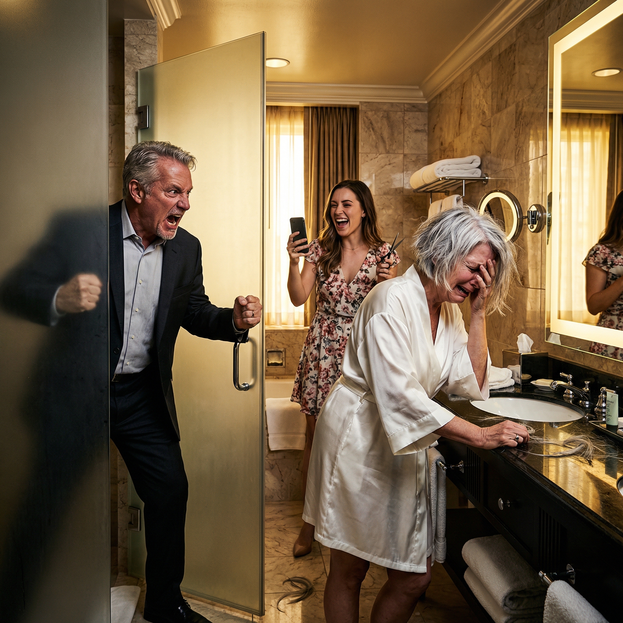 On The Wedding Morning, I Opened The Bathroom Door And Discovered My Wife Stunned Before The Mirror, Her Silver Hair Snipped Off-While My Daughter-In-Law Smirked On Camera, Calling It A “Prank.” I Kept Silent Until The Consequences Arrived… And She Began To Quake…
