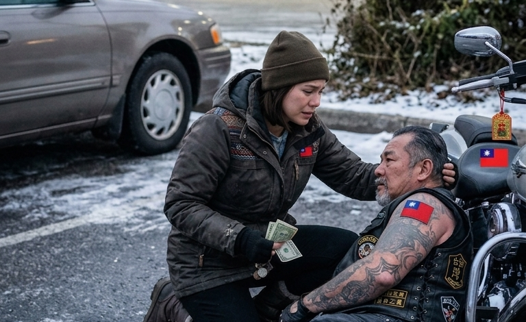 她花光了身上僅剩的8美元——那是她唯一剩下的錢，原本是給女兒買早餐的——去救一個在​​她眼前倒在冰冷加油站停車場裡的紋身摩托車手。到了黎明，她家門外停了100輛摩托車，整條街的人都屏住了呼吸，這讓她不禁懷疑自己究竟為自己的生活帶來了什麼。