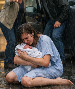 我剛生完孩子，還在流血，渾身顫抖，抱著新生兒在醫院外瓢潑大雨中幾乎站不穩，這時我的父母看著我，笑著談論這場暴雨，說也許雨水能“洗掉我的無用”，然後慢慢地開車離開了。
